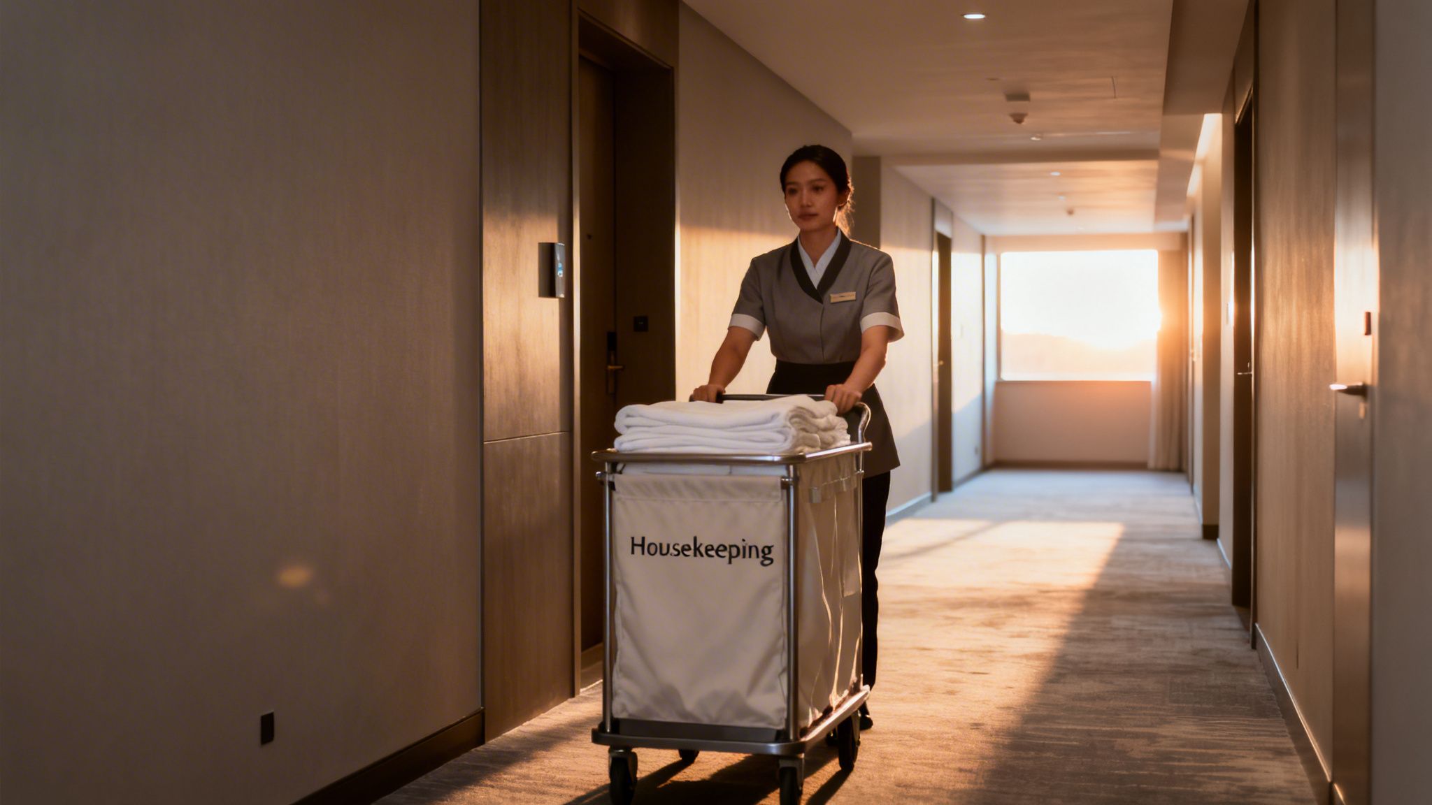 A female hotel housekeeper pushes a housekeeping cart with clean towels down a sunlit hotel corridor.