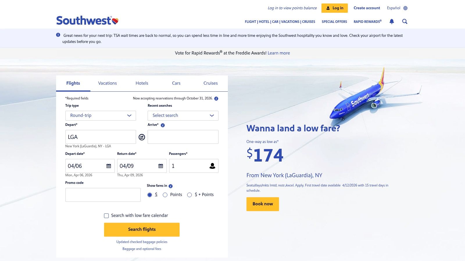 Southwest Airlines website showing a search for flights to San Juan
