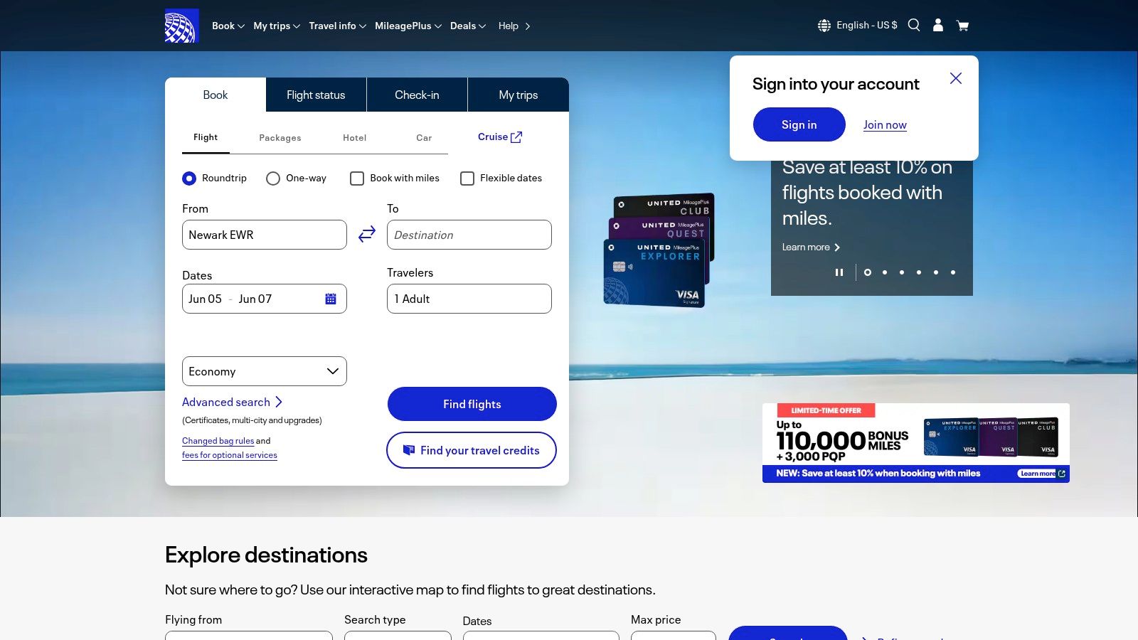 United Airlines website showing flight booking options for Puerto Rico