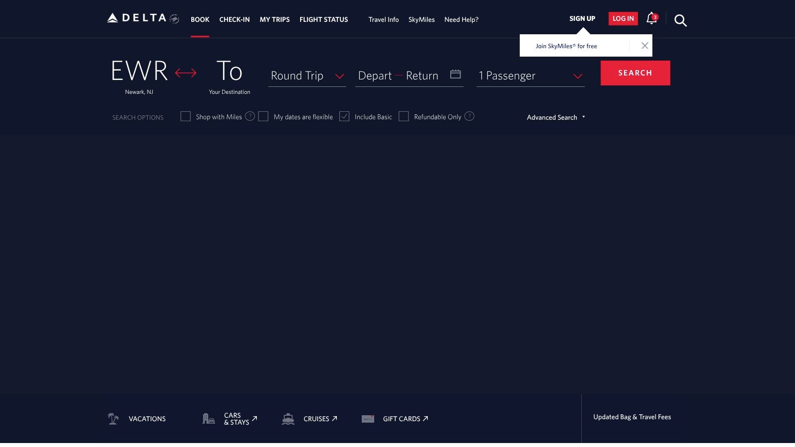 Delta Air Lines website showing a search for flights to Puerto Rico