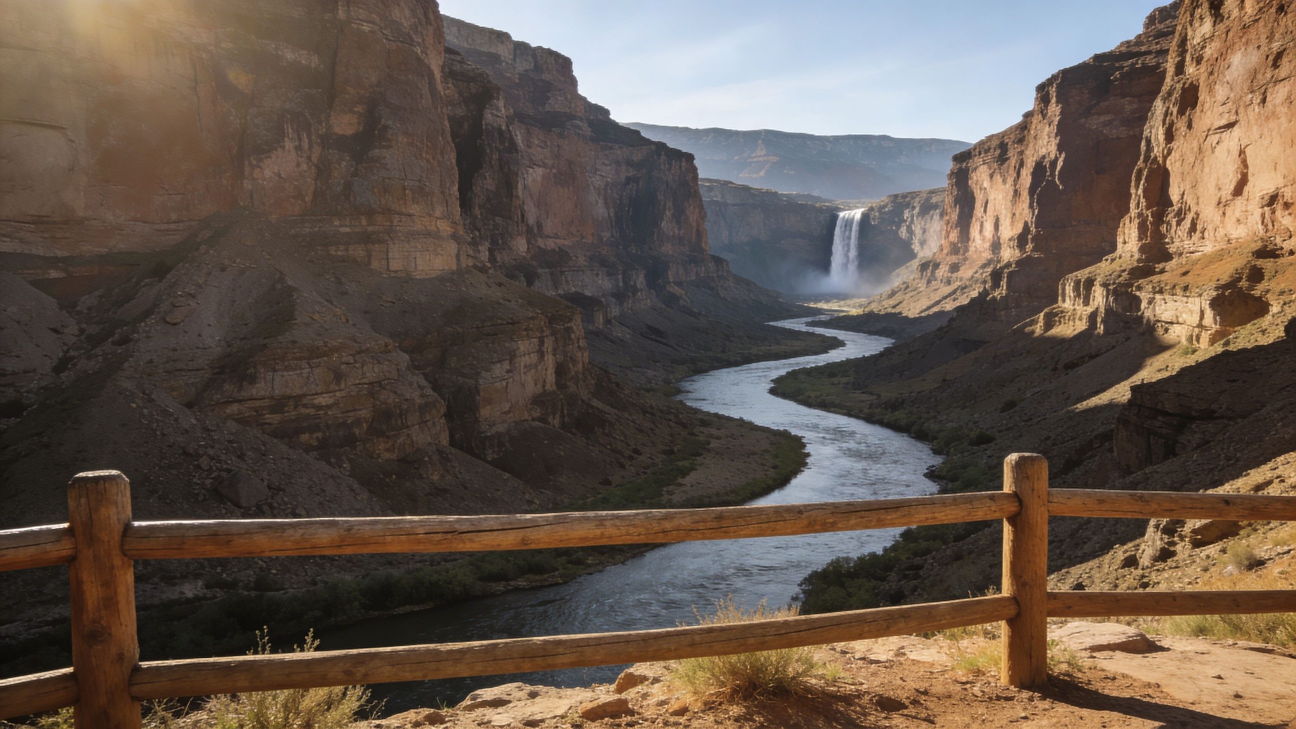 A scenic view of a winding river flowing through a deep canyon with a waterfall in distance.