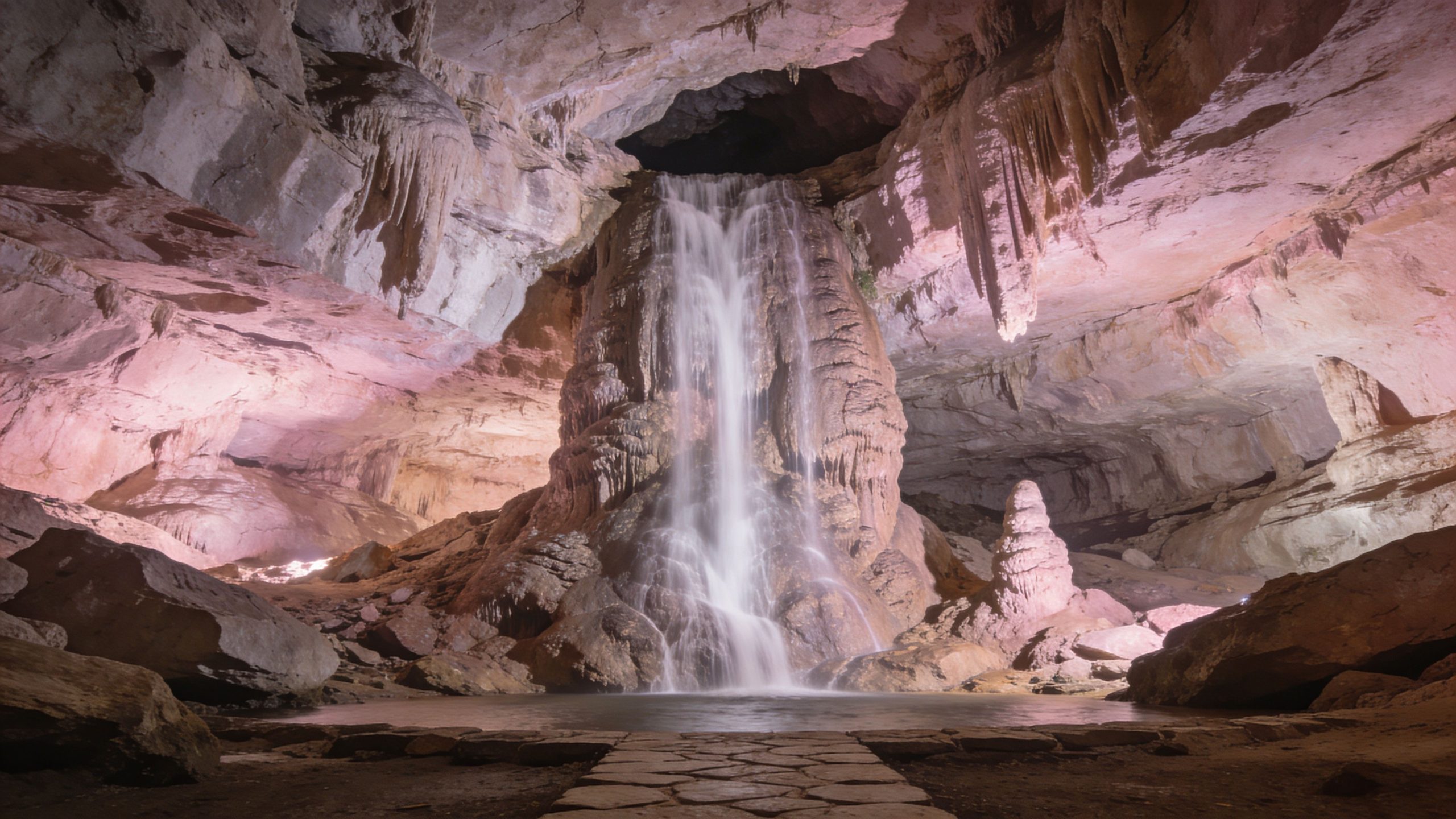 A scenic waterfall cascading down rock formations inside a cavern, illuminated by soft pink lighting.