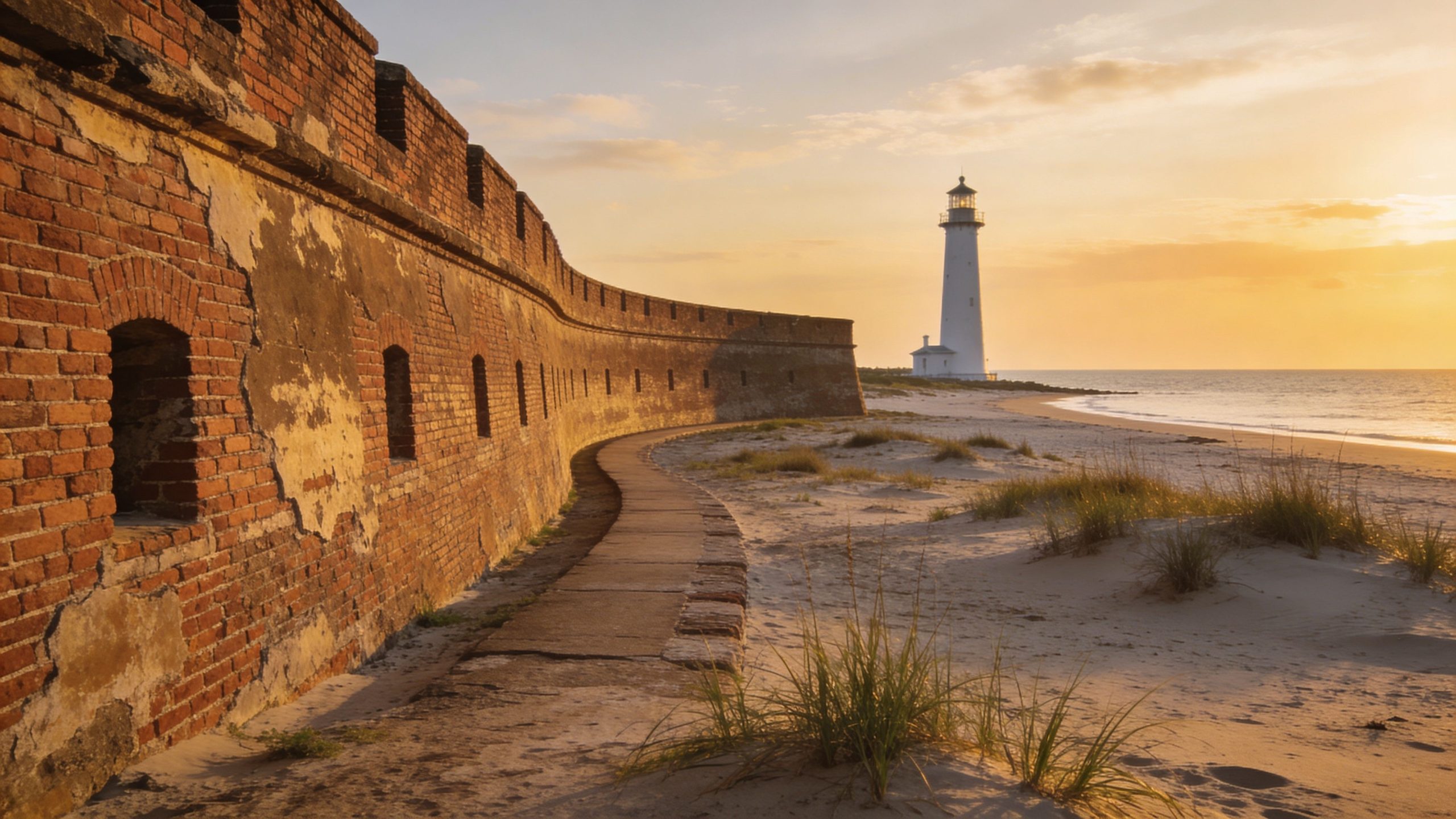 A historic brick fort wall along a sandy beach with a lighthouse in the background at sunset.