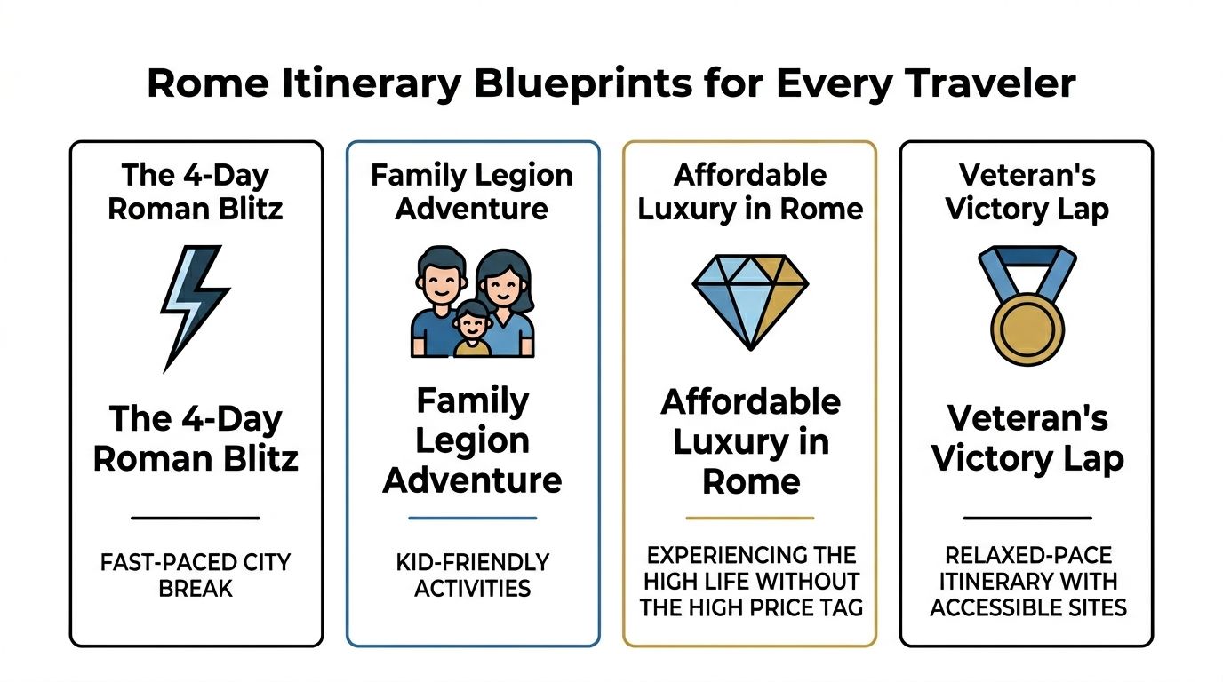 Four distinct Rome travel itineraries displayed in a card format to help different types of travelers.
