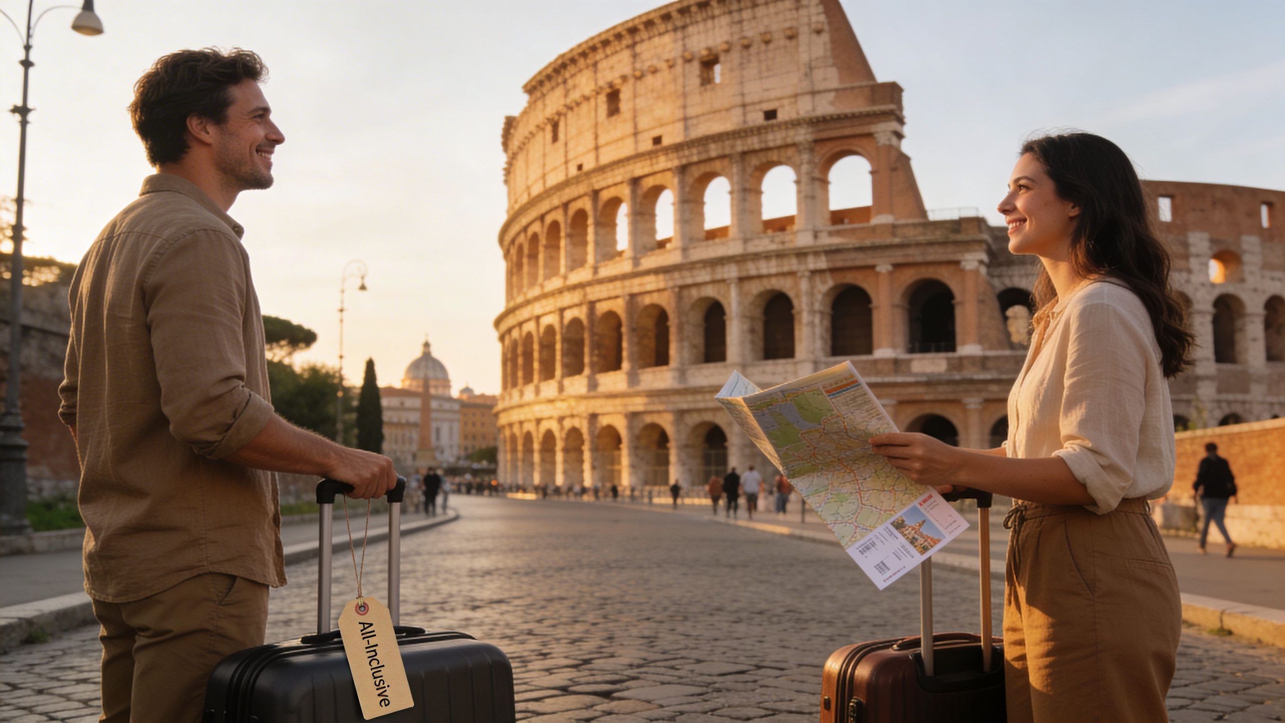 A couple with luggage standing in front of the historic Colosseum in Rome during a golden sunset