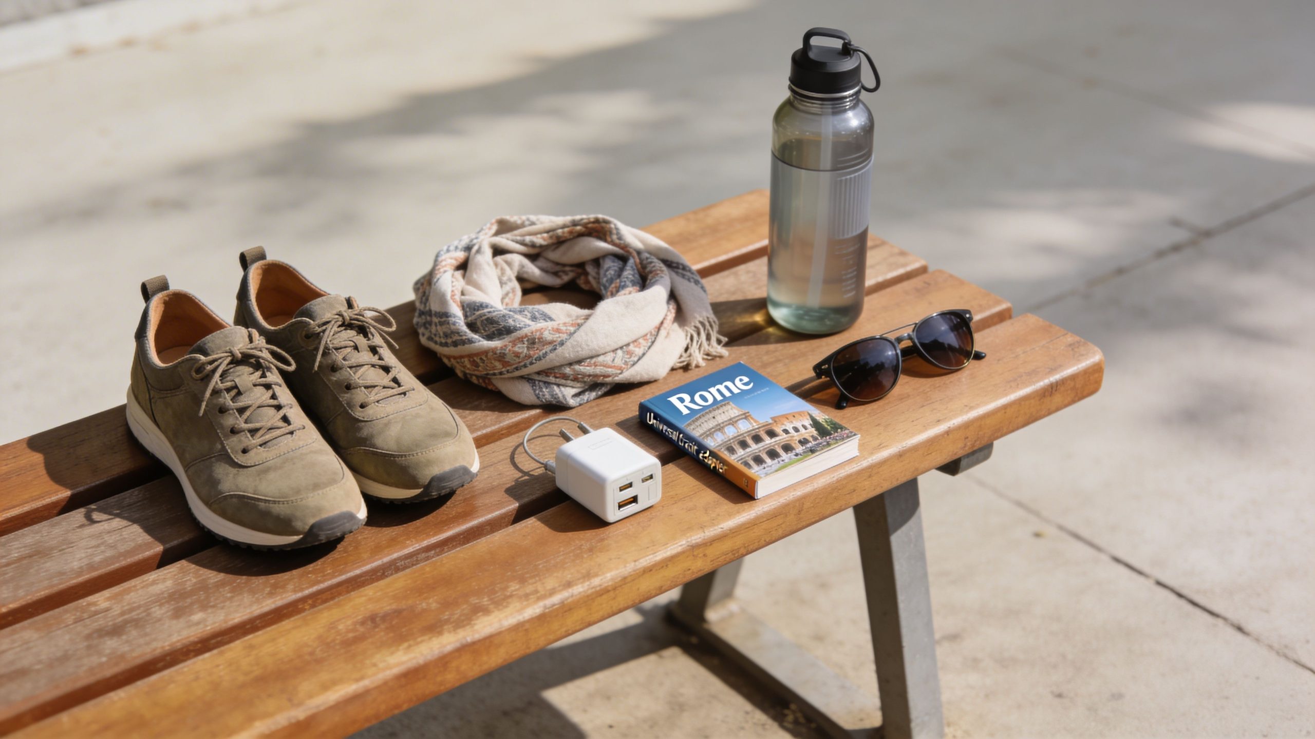 A travel essentials flat lay with shoes, a Rome guidebook, sunglasses, scarf, and charger on a wooden bench.