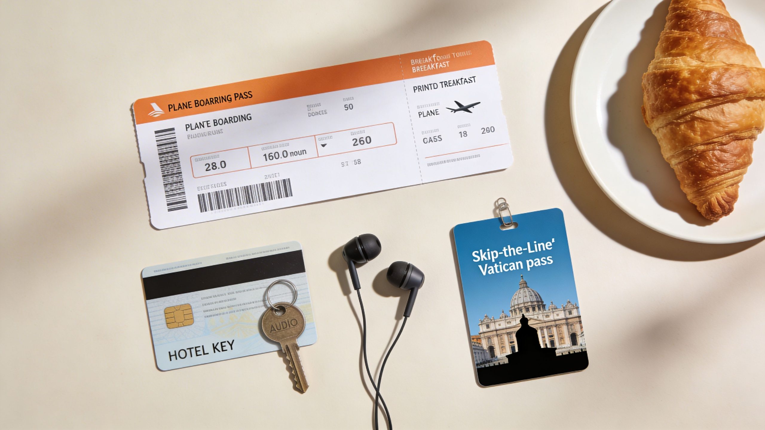 A travel-themed flatlay featuring a boarding pass, hotel key, earphones, Vatican pass, and a breakfast croissant.