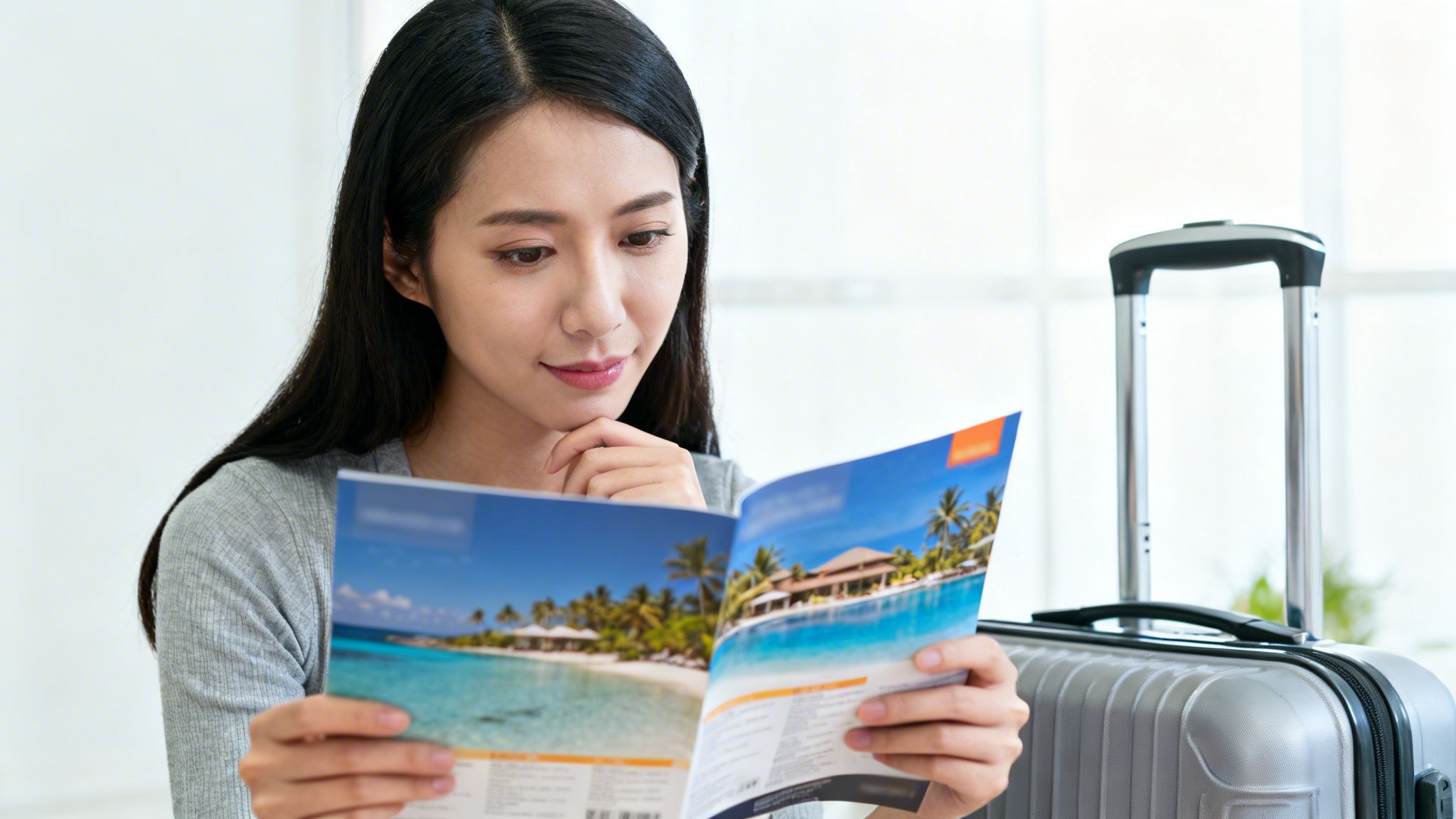 A young Asian woman looking at a travel brochure for a tropical vacation while sitting beside luggage.
