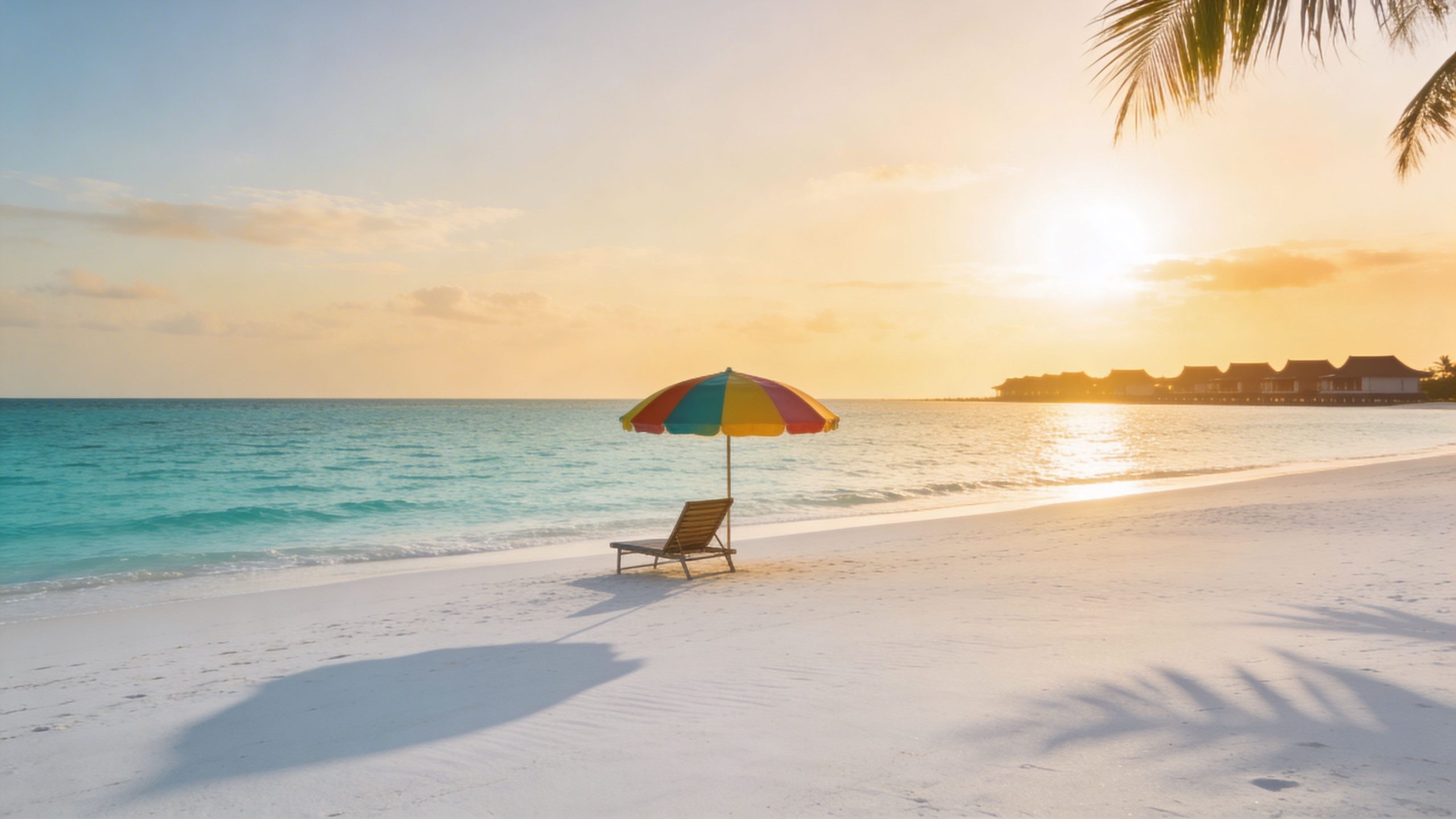 A scenic view of a colorful beach umbrella and lounge chair on a pristine white sand beach.