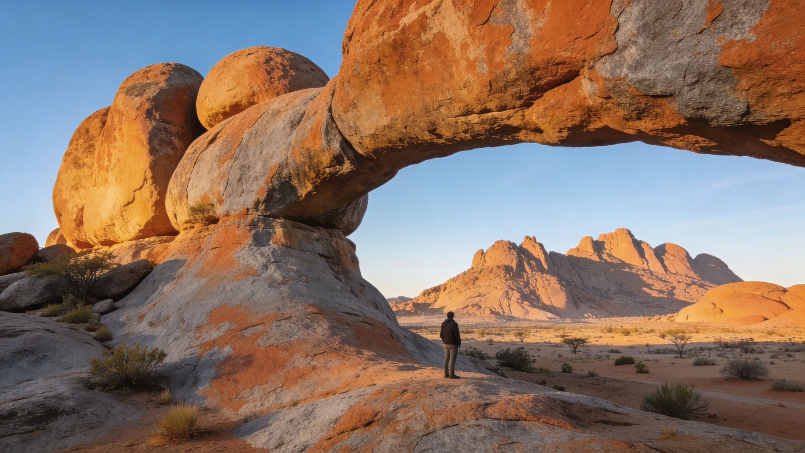 A person standing on a rocky surface looking through a natural granite archway in a desert landscape.