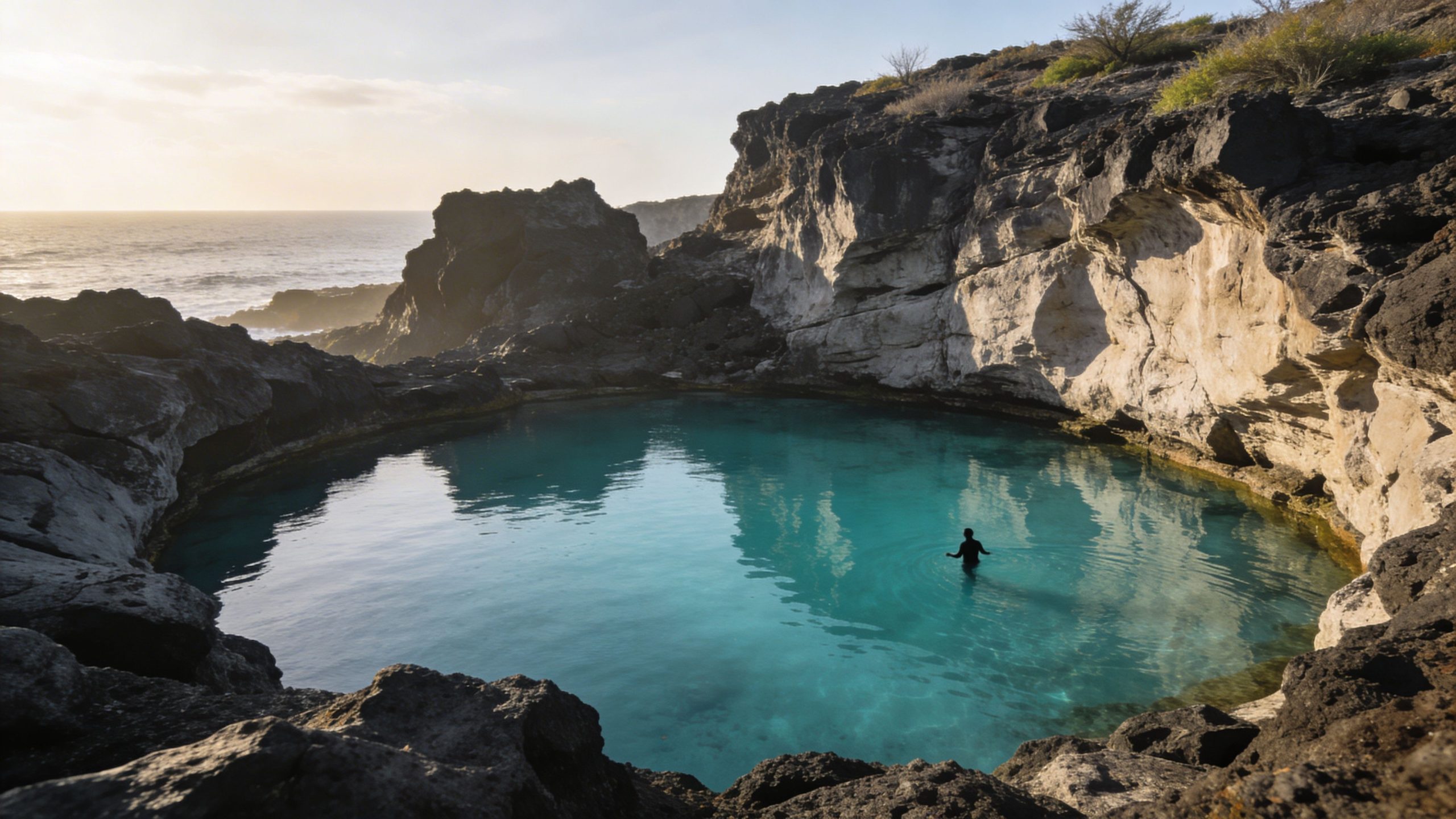 A person swims in the clear turquoise waters of the Conchi natural pool in Aruba at sunset.