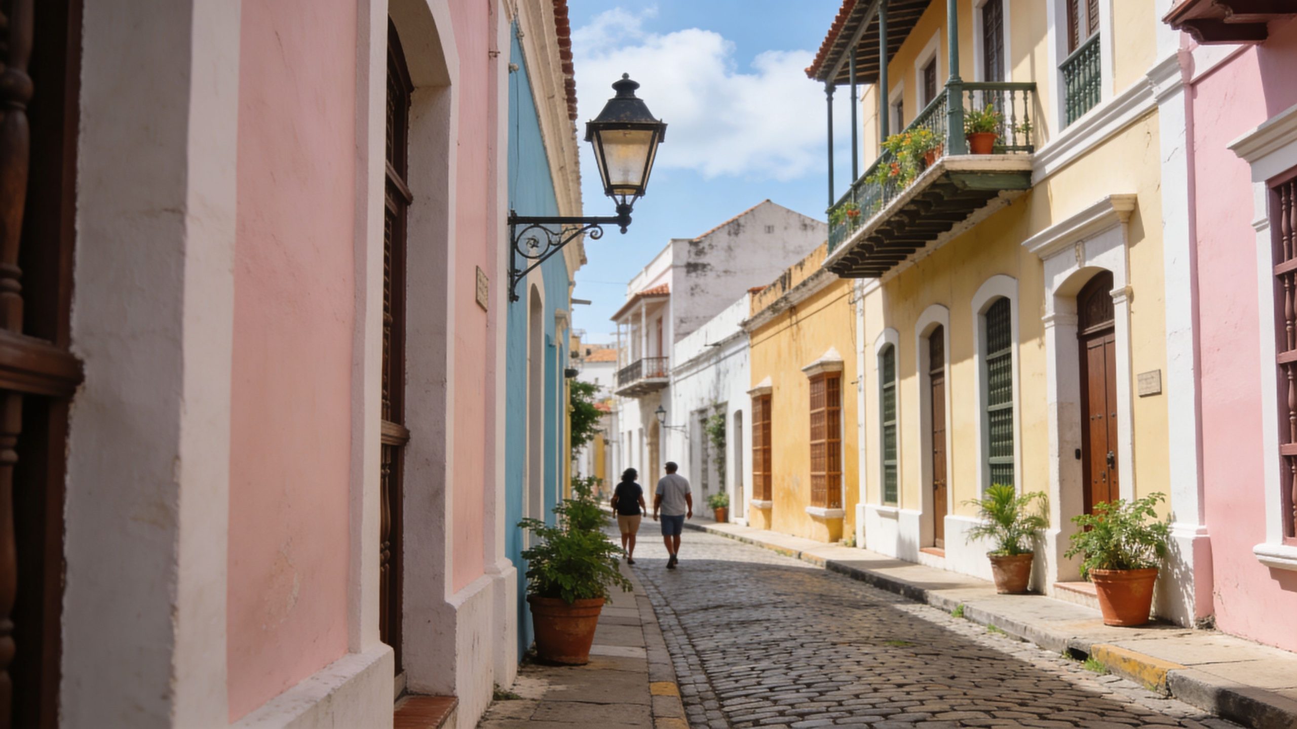A couple walking down a charming, cobblestone street lined with colorful colonial buildings in San Juan, Puerto Rico.