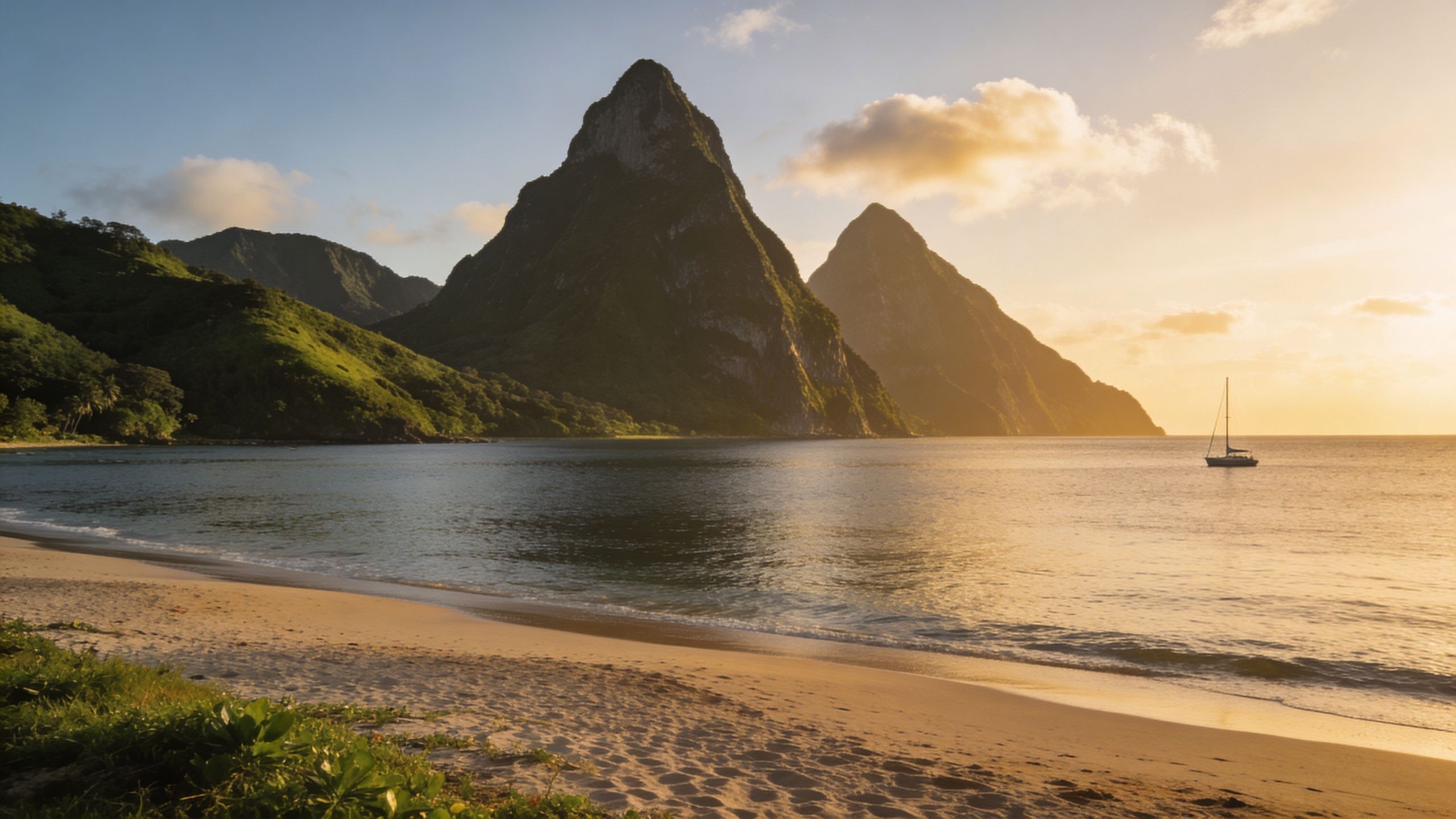 A scenic view of the Pitons in Saint Lucia with a sailboat at sunset near the beach.