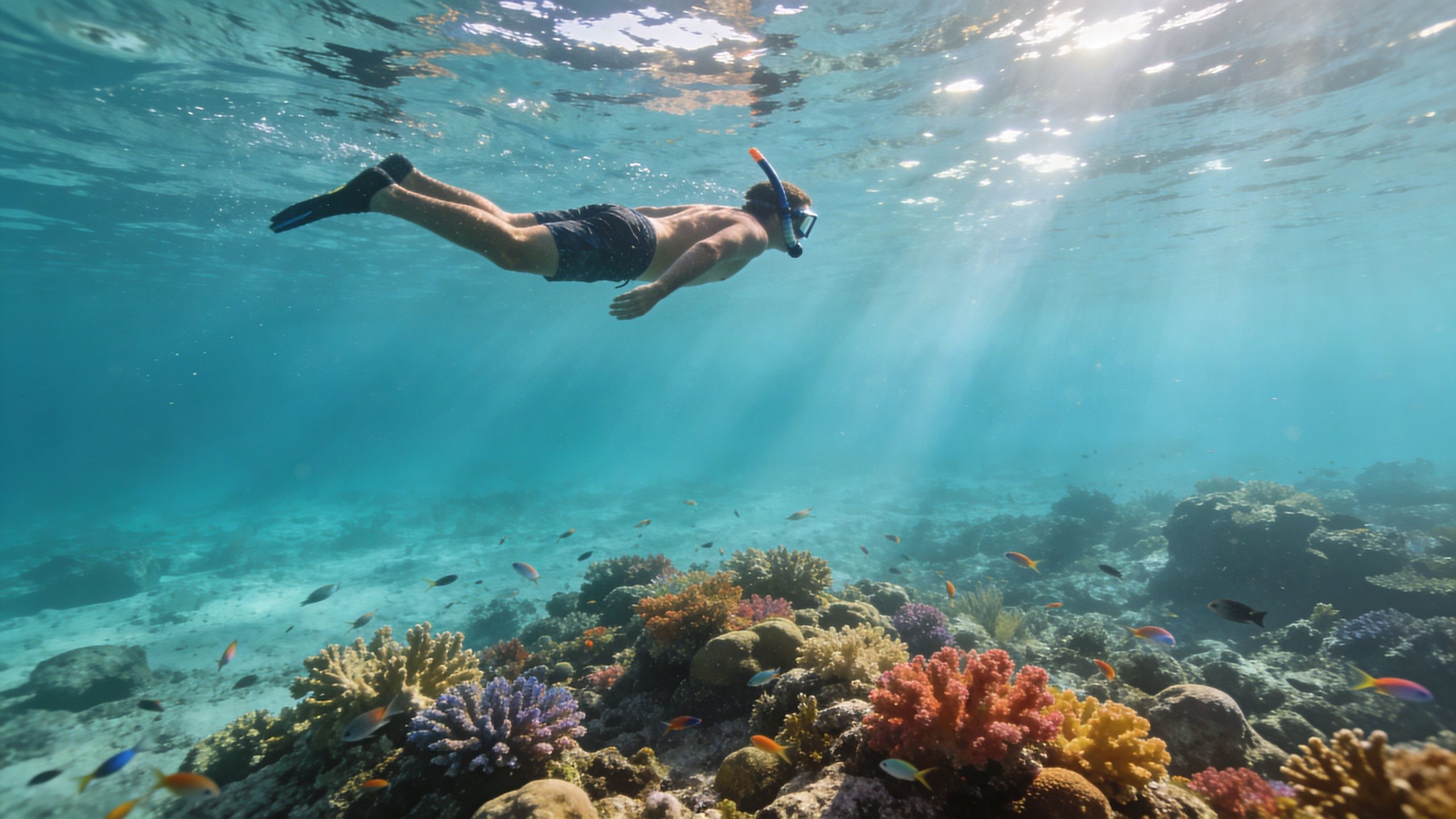 A snorkeler swims over a vibrant coral reef in the crystal clear turquoise Caribbean Sea waters.