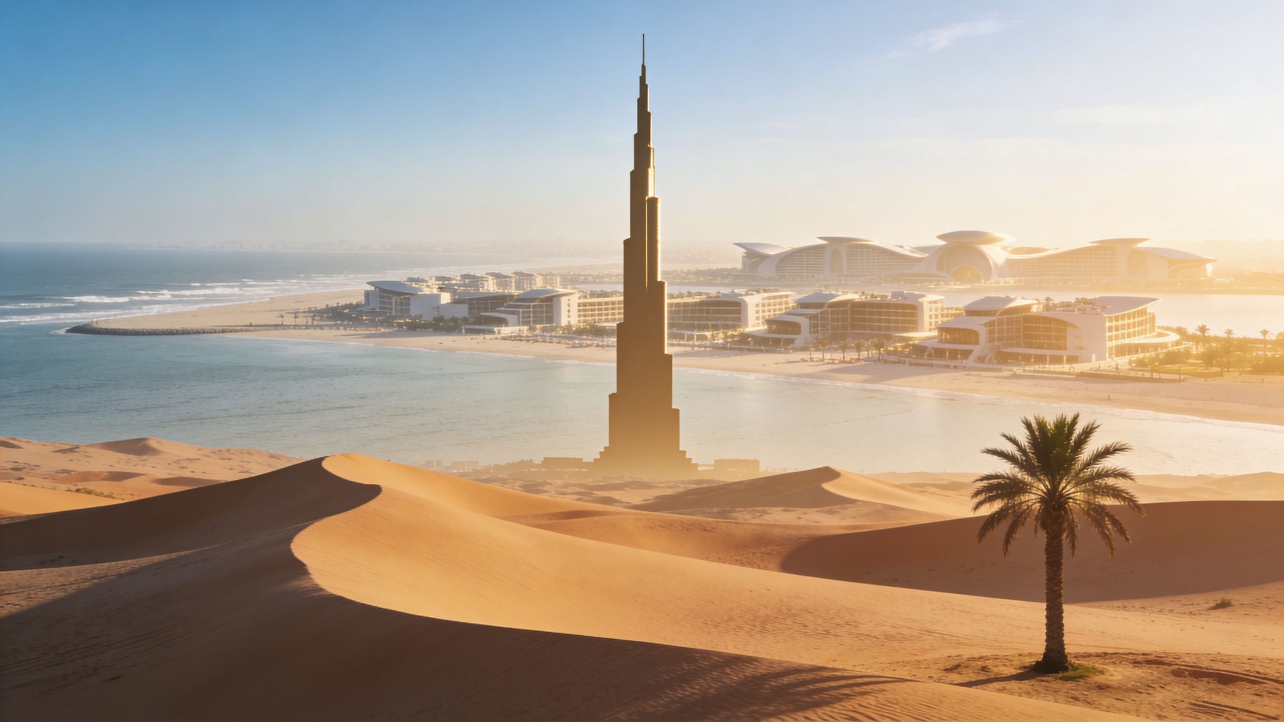 The Burj Khalifa standing prominently near a desert beach with palm trees and a luxury resort coastline.
