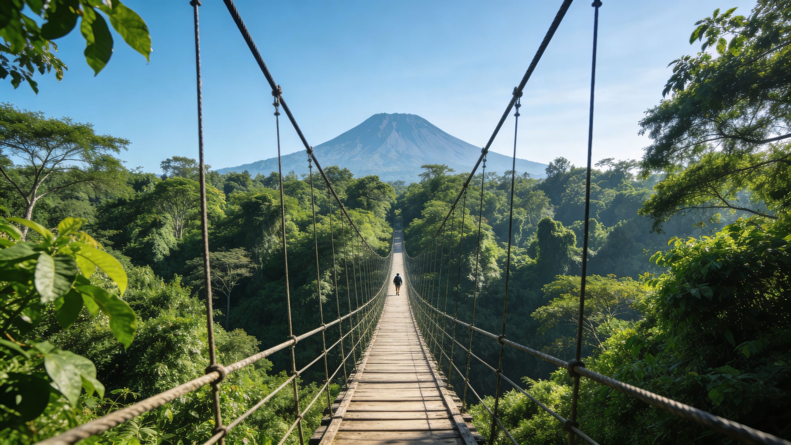 A person walks across a long suspension bridge surrounded by lush green trees with a mountain behind.
