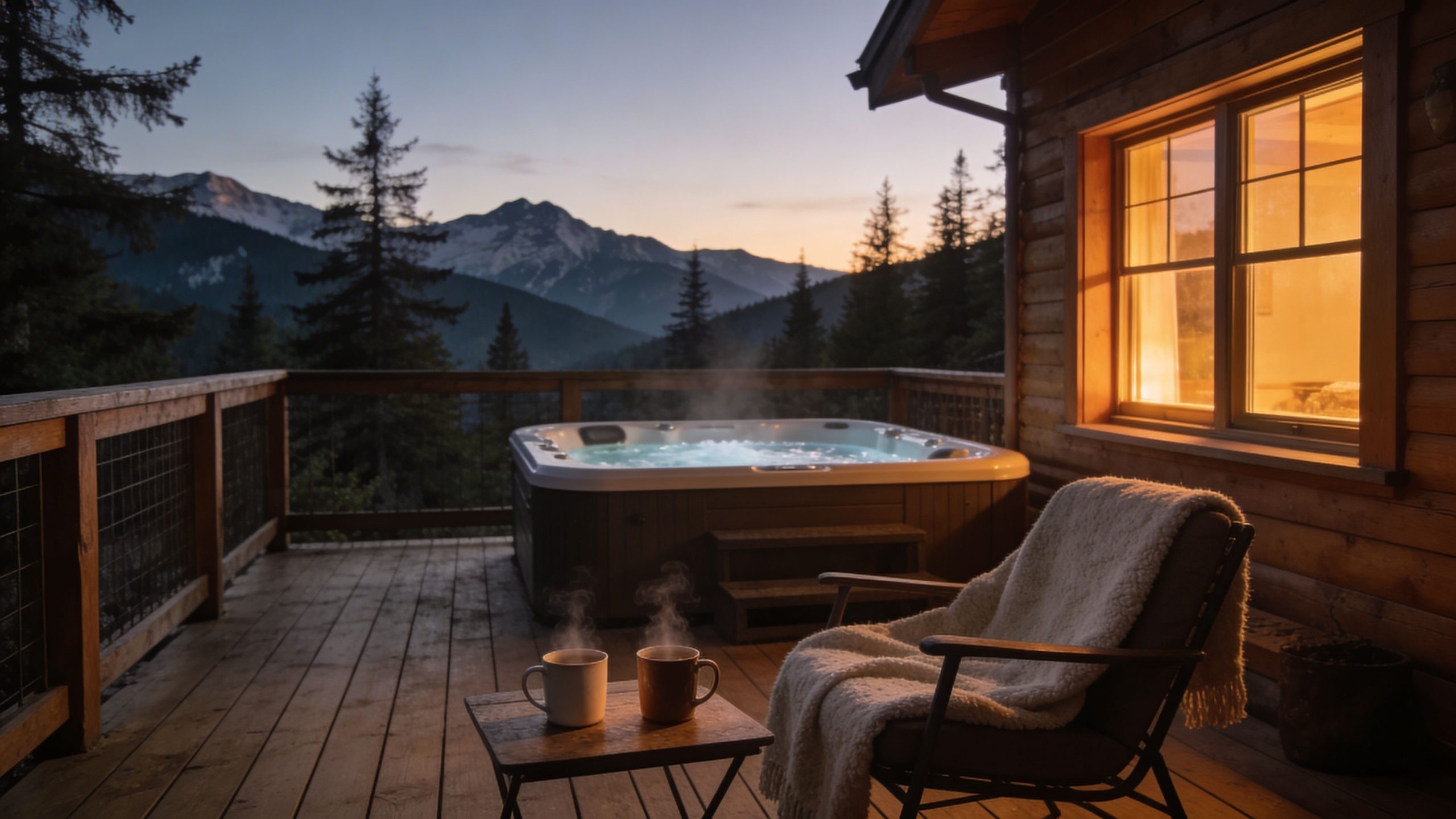 A steaming hot tub sits on a wooden deck with a scenic mountain view at sunset.