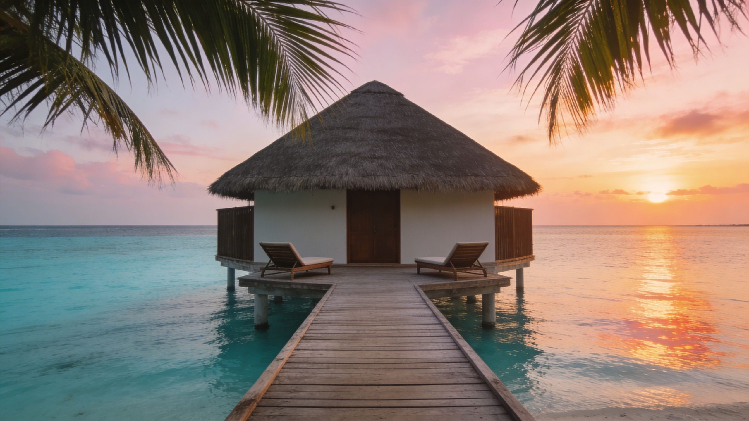 An overwater bungalow with lounge chairs on a wooden deck during a beautiful sunset in the Maldives.