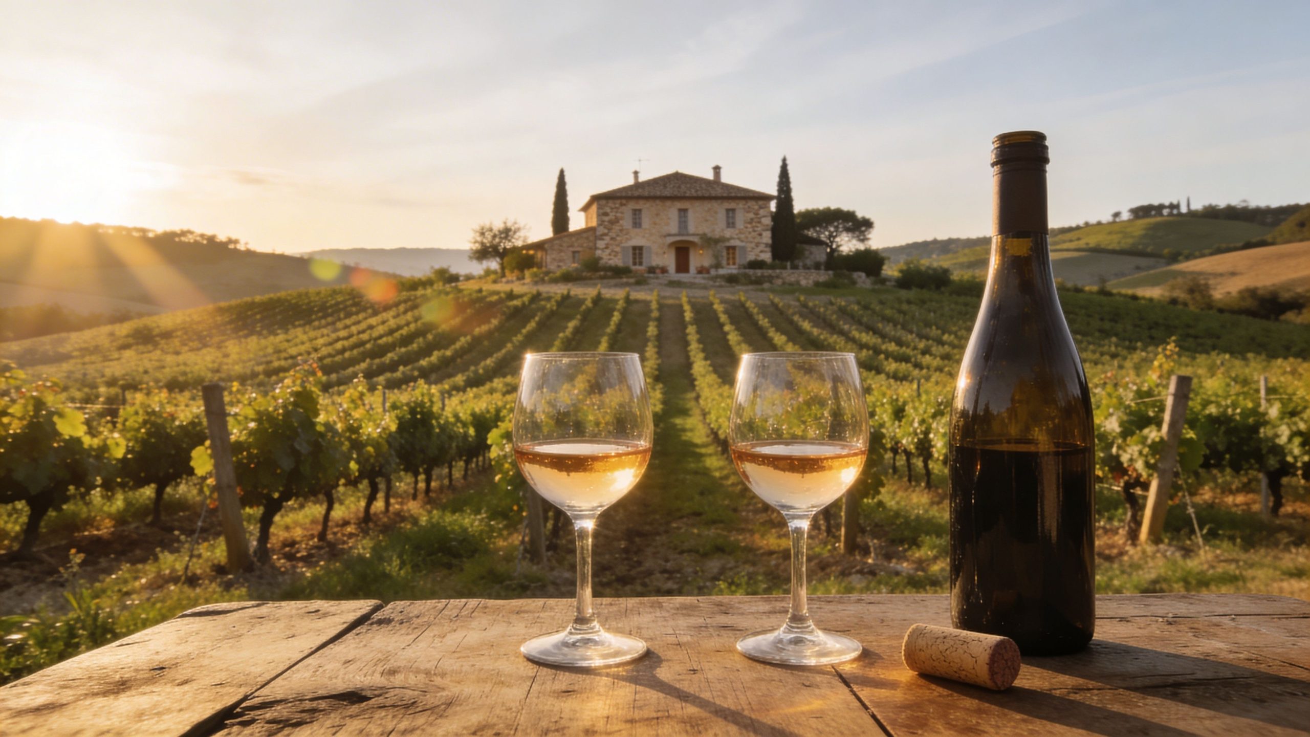 A scenic vineyard at sunset with two glasses of wine and a bottle resting on a table.