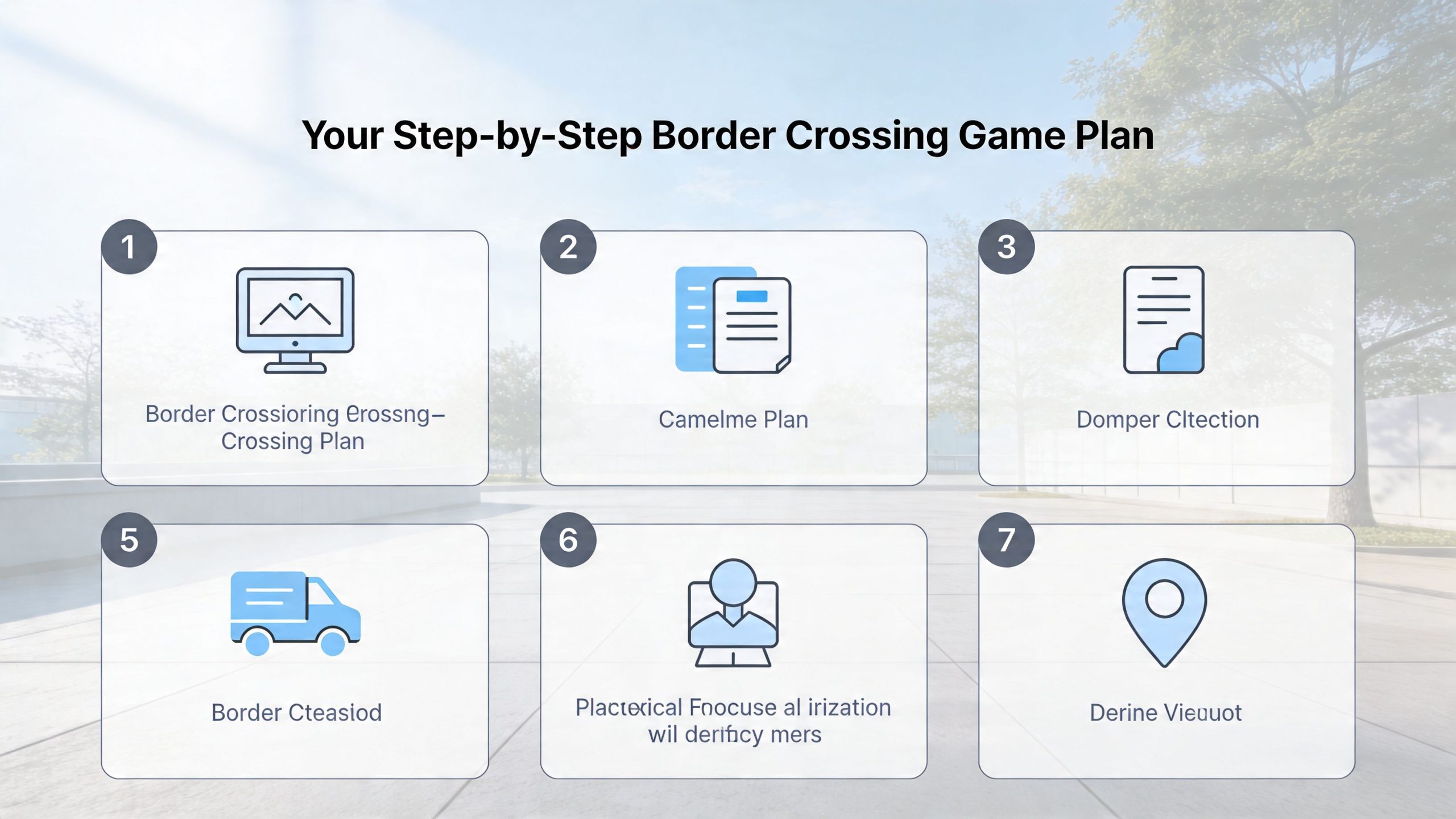 A visual guide outlining seven numbered steps for planning a border crossing with a rental car.