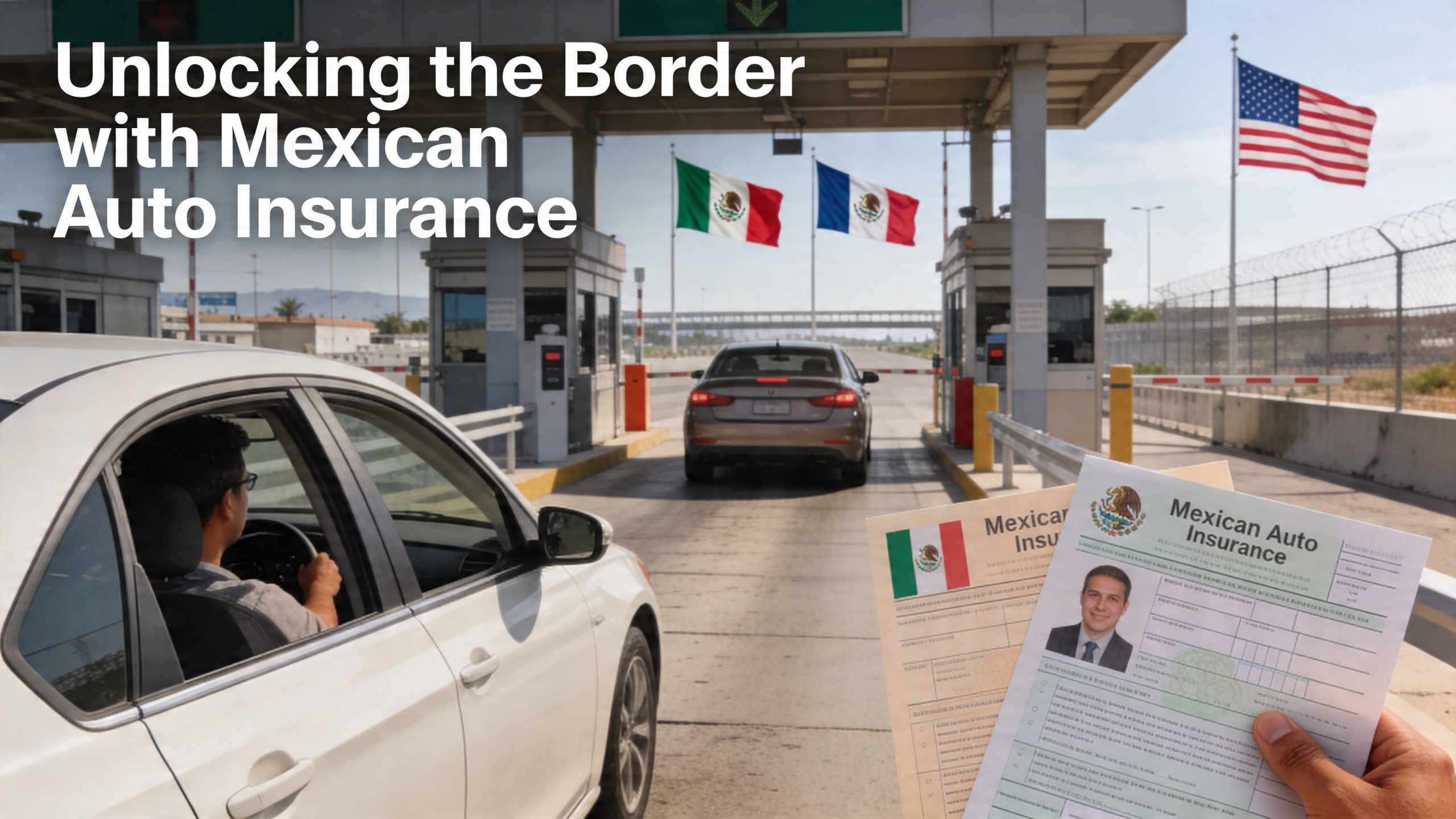 A driver with Mexican auto insurance documents approaching a border checkpoint in a white car.