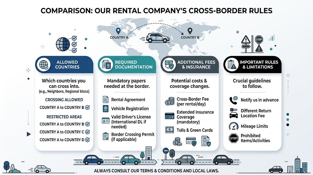 A visual guide outlining rules, documentation, fees, and limitations for taking a rental car across international borders.