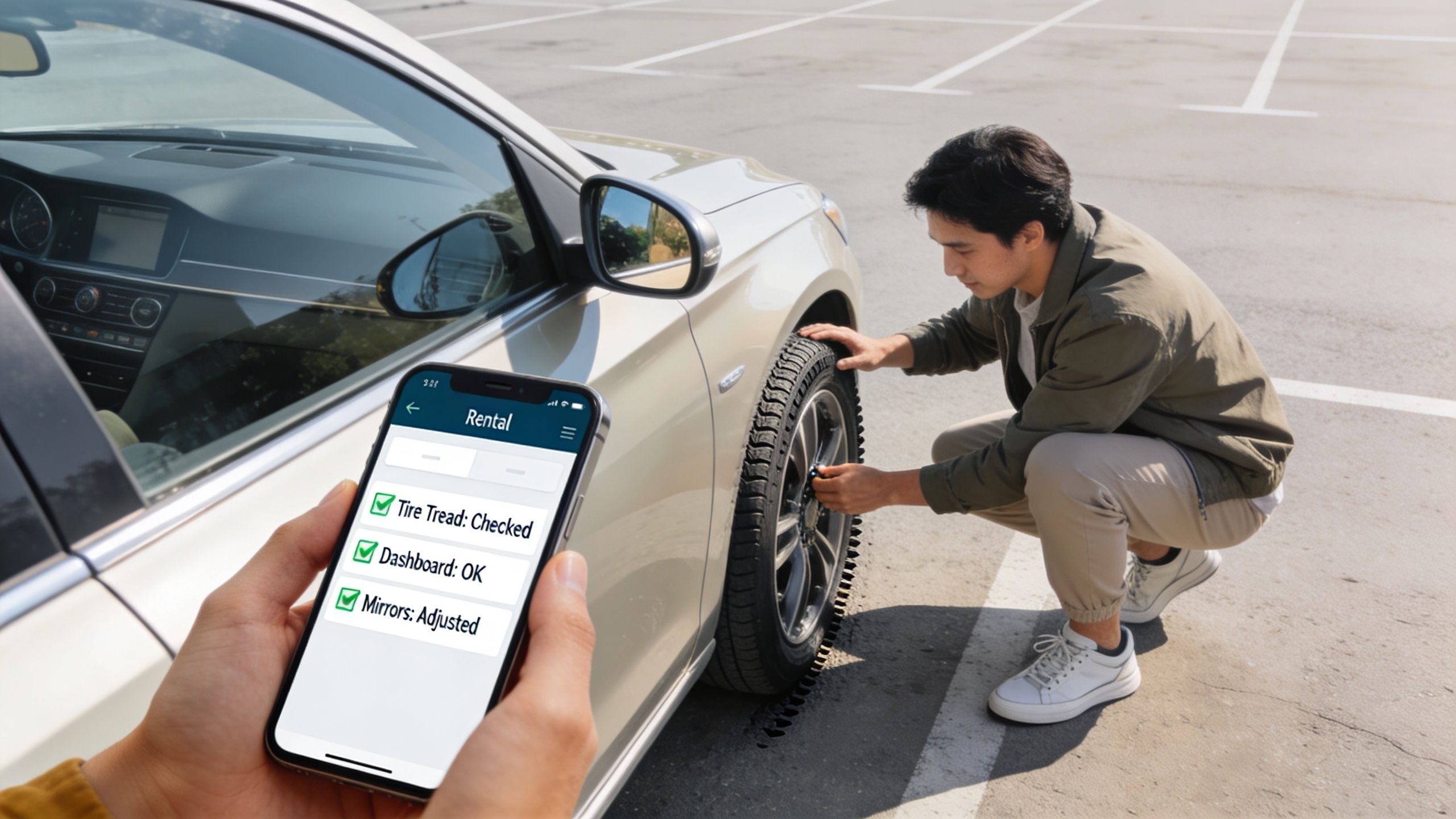 A person using a smartphone app to check a rental car in an outdoor parking lot.