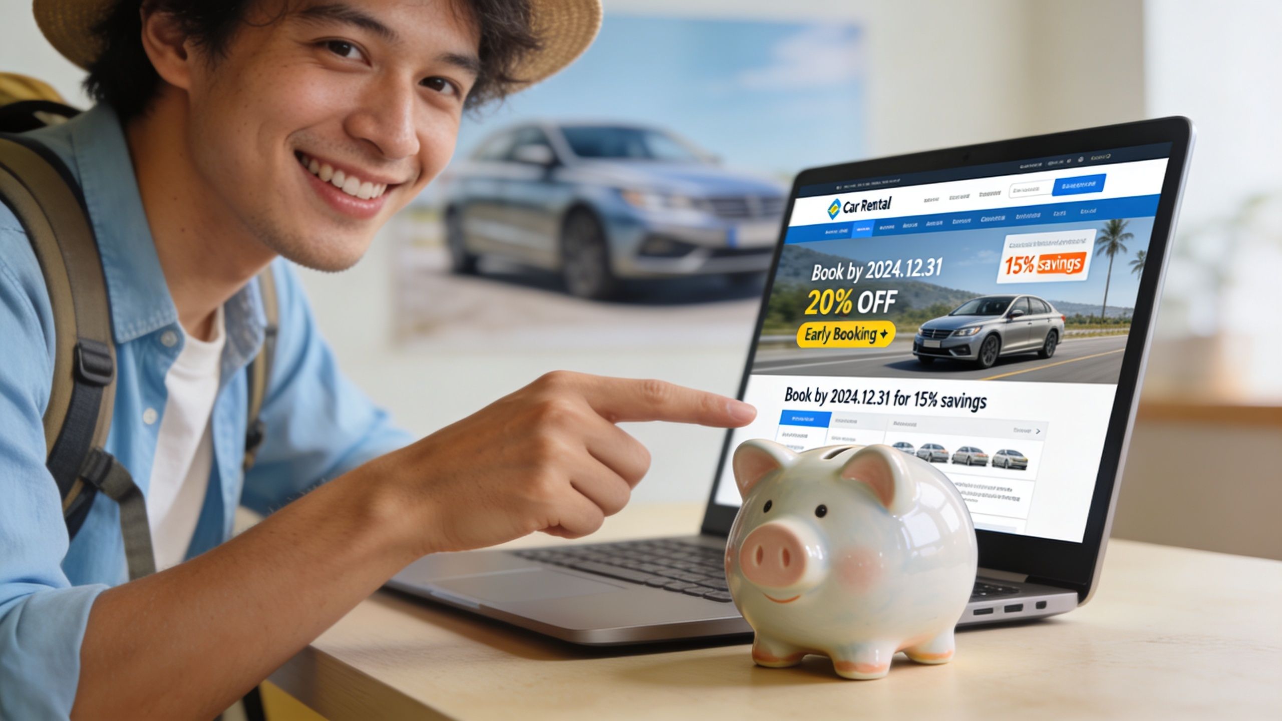 A smiling young traveler pointing at a car rental website on a laptop next to a piggy bank.