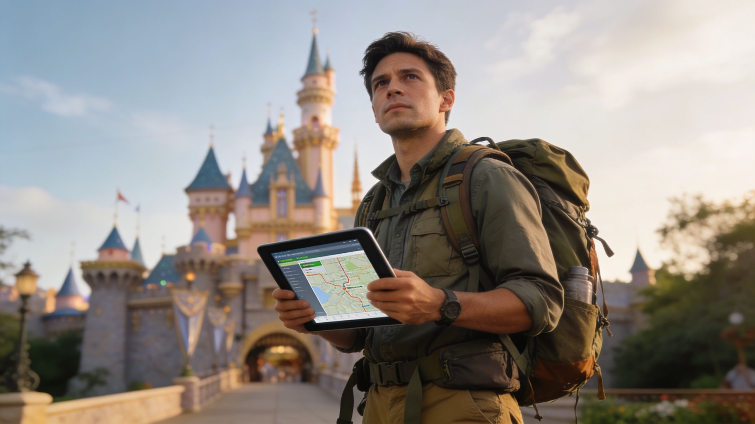 A traveler holding a digital map device in front of a castle at Disneyland California.