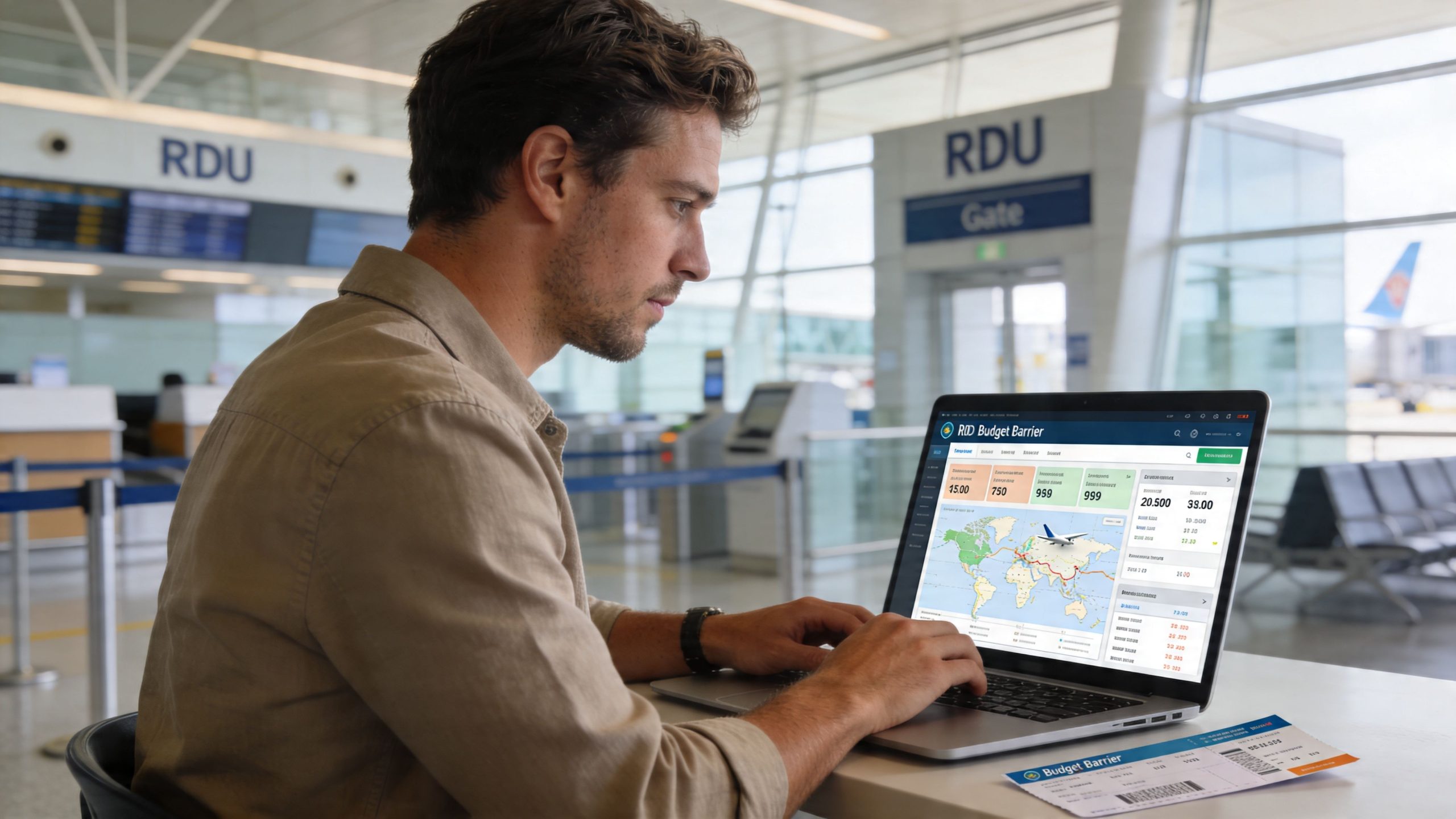 A man using a laptop to search for travel deals at an airport departure terminal.