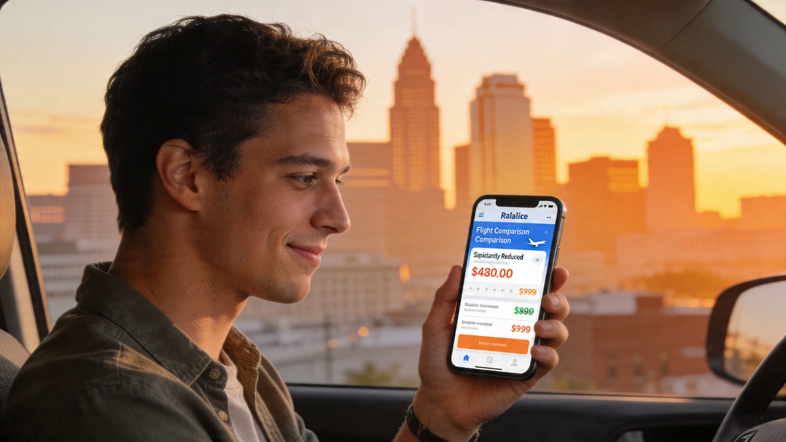 A man in a car checking a flight comparison app on his phone during a sunset commute.