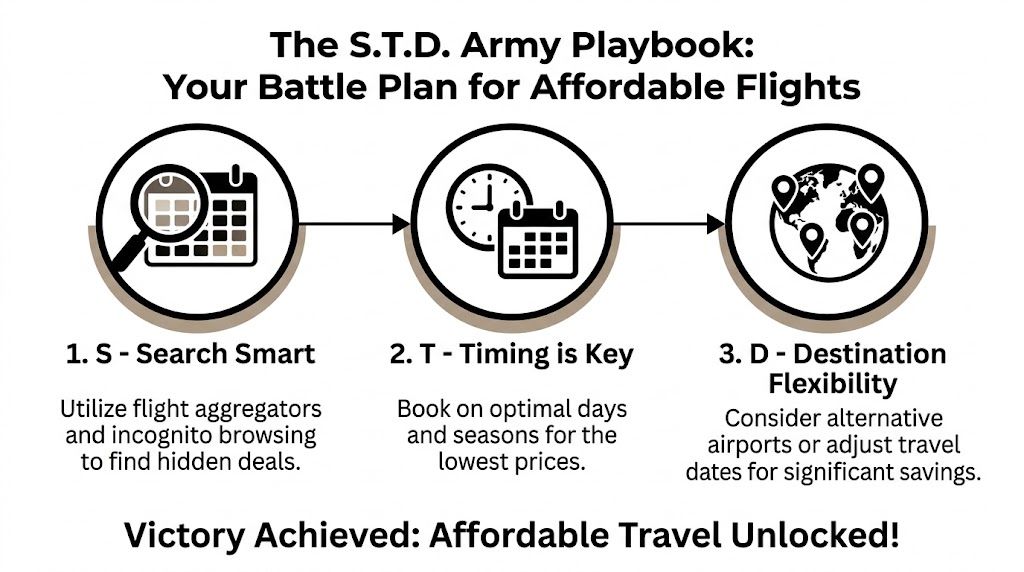 A travel infographic titled The S.T.D. Army Playbook offering tips on how to find affordable airfare.