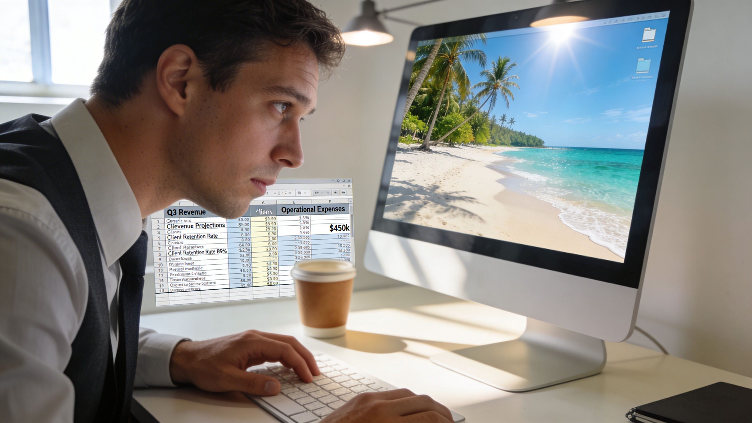A professional man looking at his computer monitor displaying a tropical beach scene while reviewing business spreadsheets.