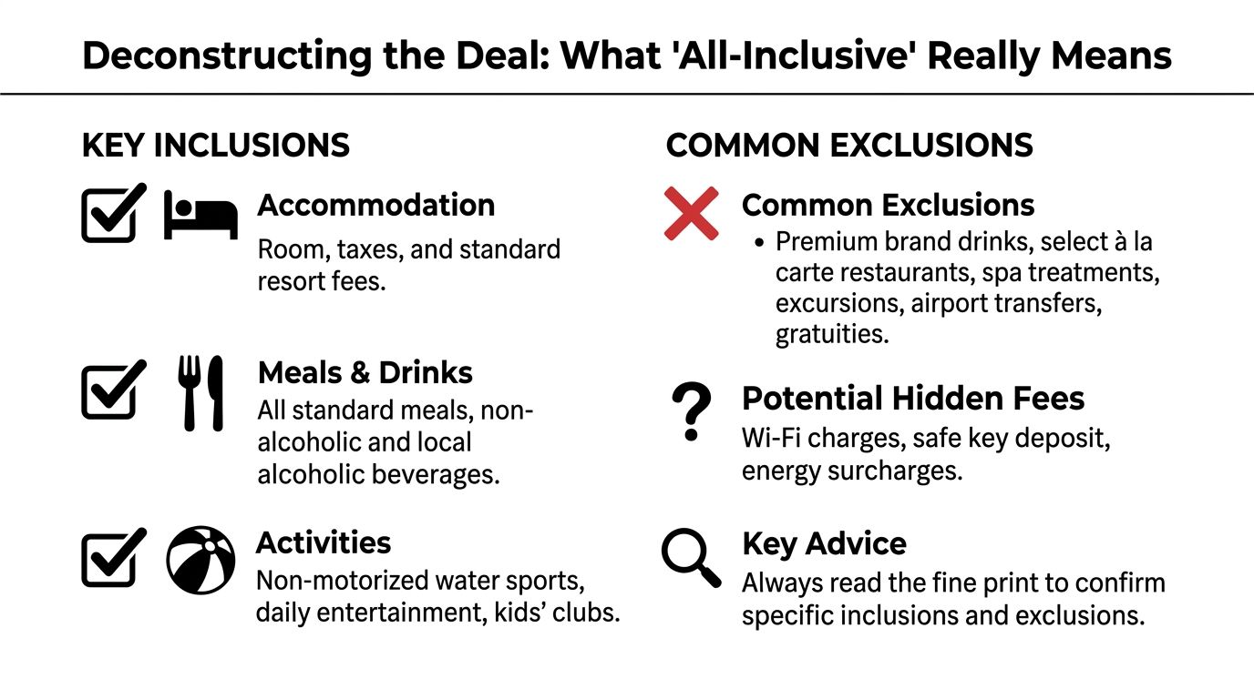 An infographic detailing typical inclusions and exclusions of all-inclusive resort packages for travelers.