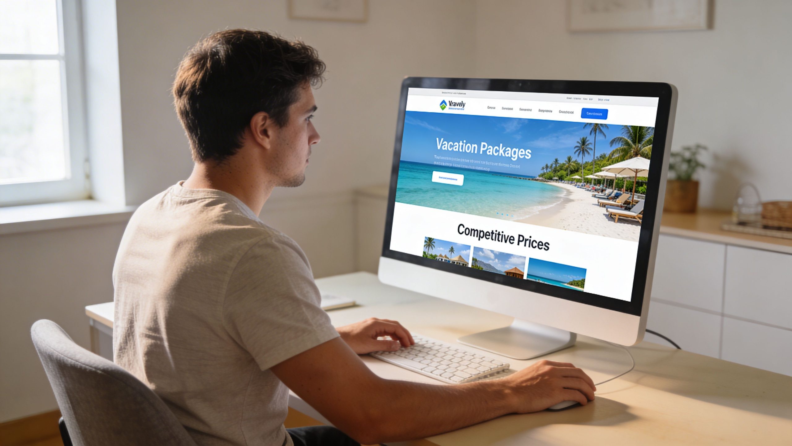 A young man sitting at a desk browsing cheap all inclusive vacation packages on a computer monitor.