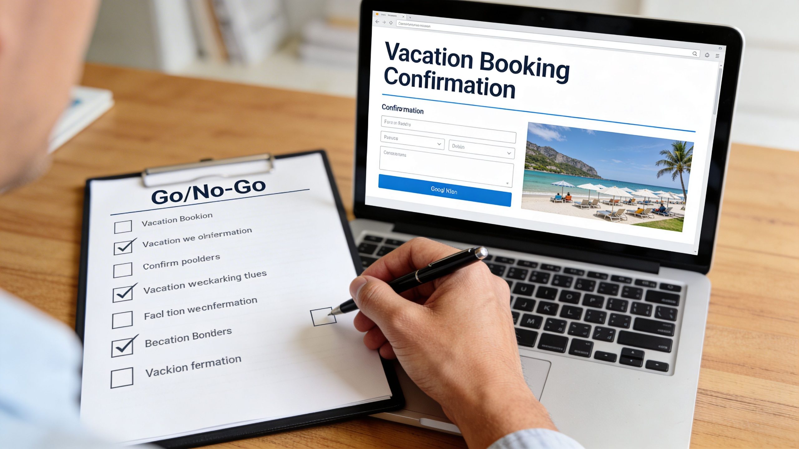 A person fills out a vacation checklist while viewing a booking confirmation website on a laptop.