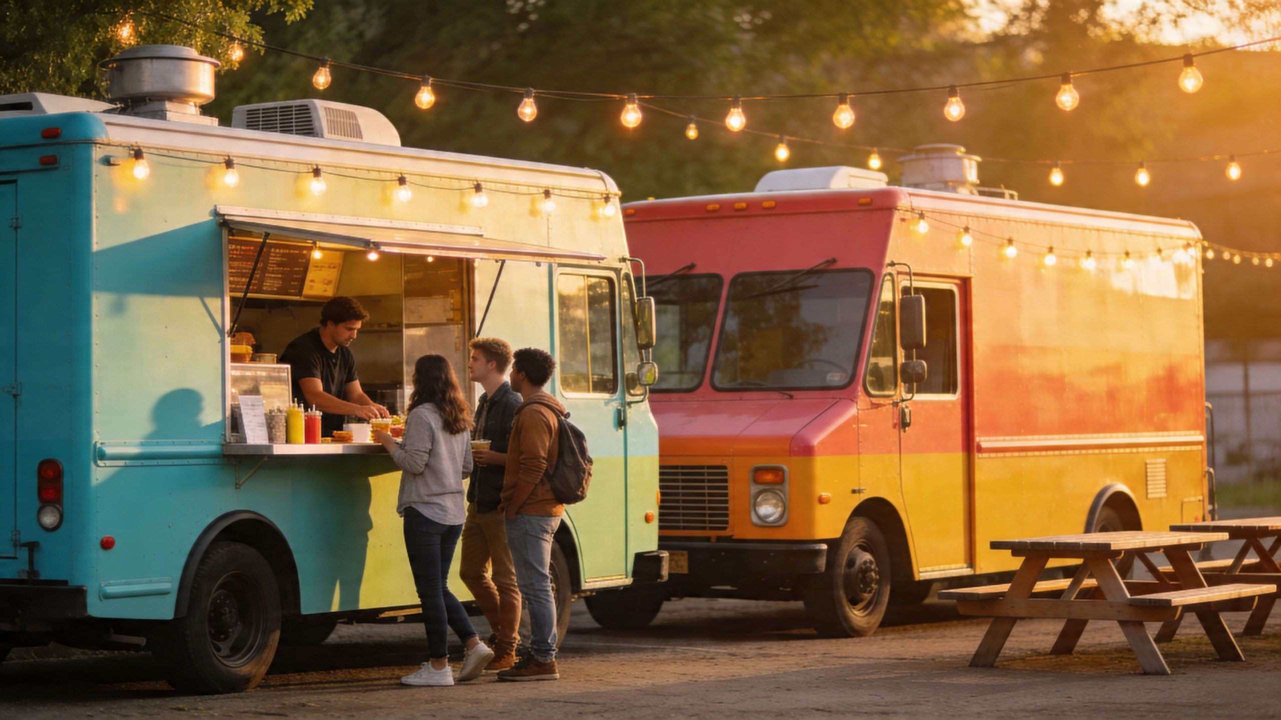 A vibrant food truck park scene at sunset with people ordering food from a turquoise truck.