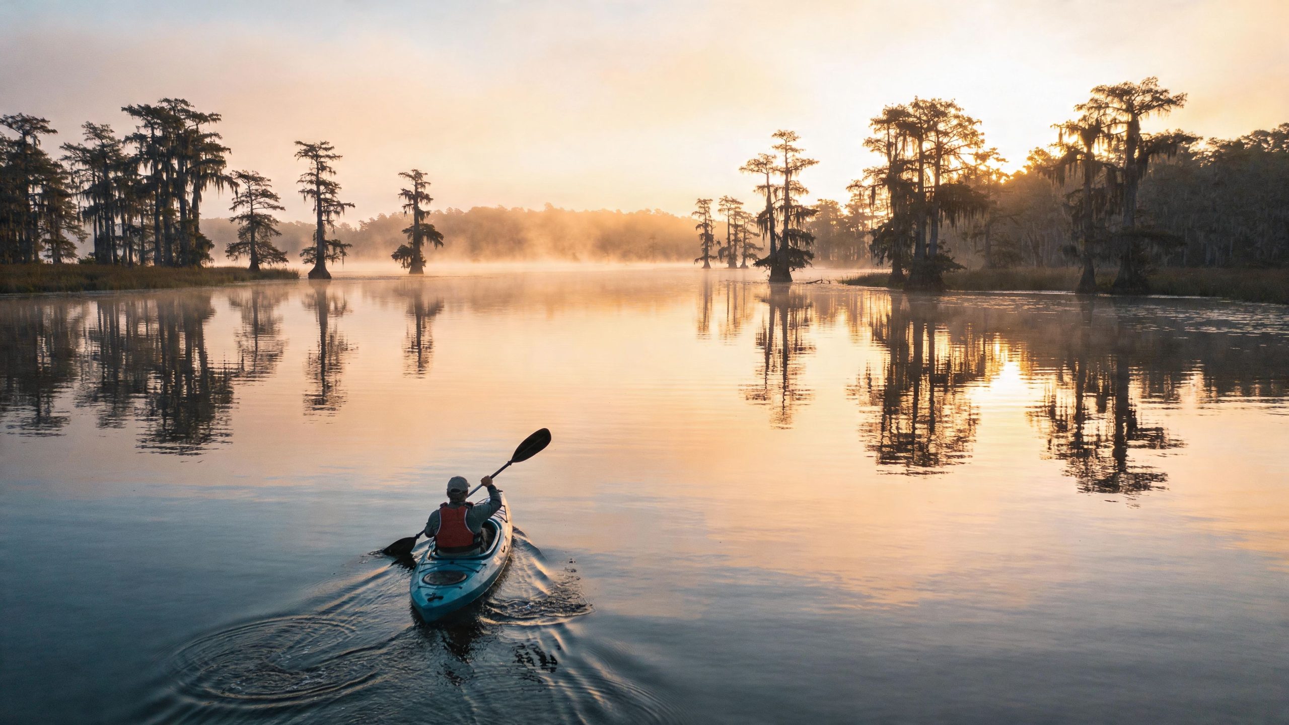 A person kayaking on a calm, misty lake at sunrise surrounded by cypress trees with soft light.