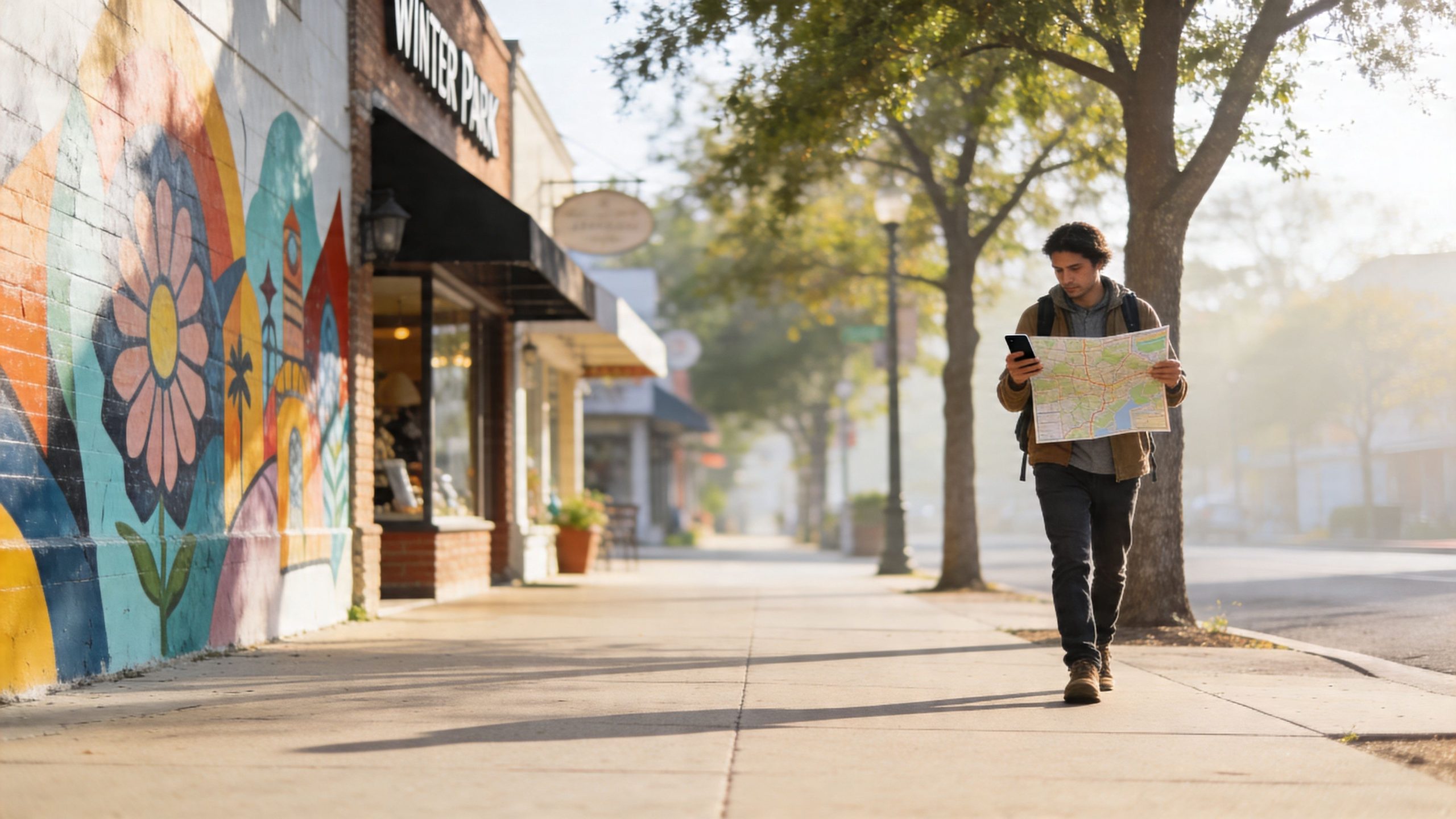 A young man holding a paper map walks along a sidewalk in front of a colorful wall mural.