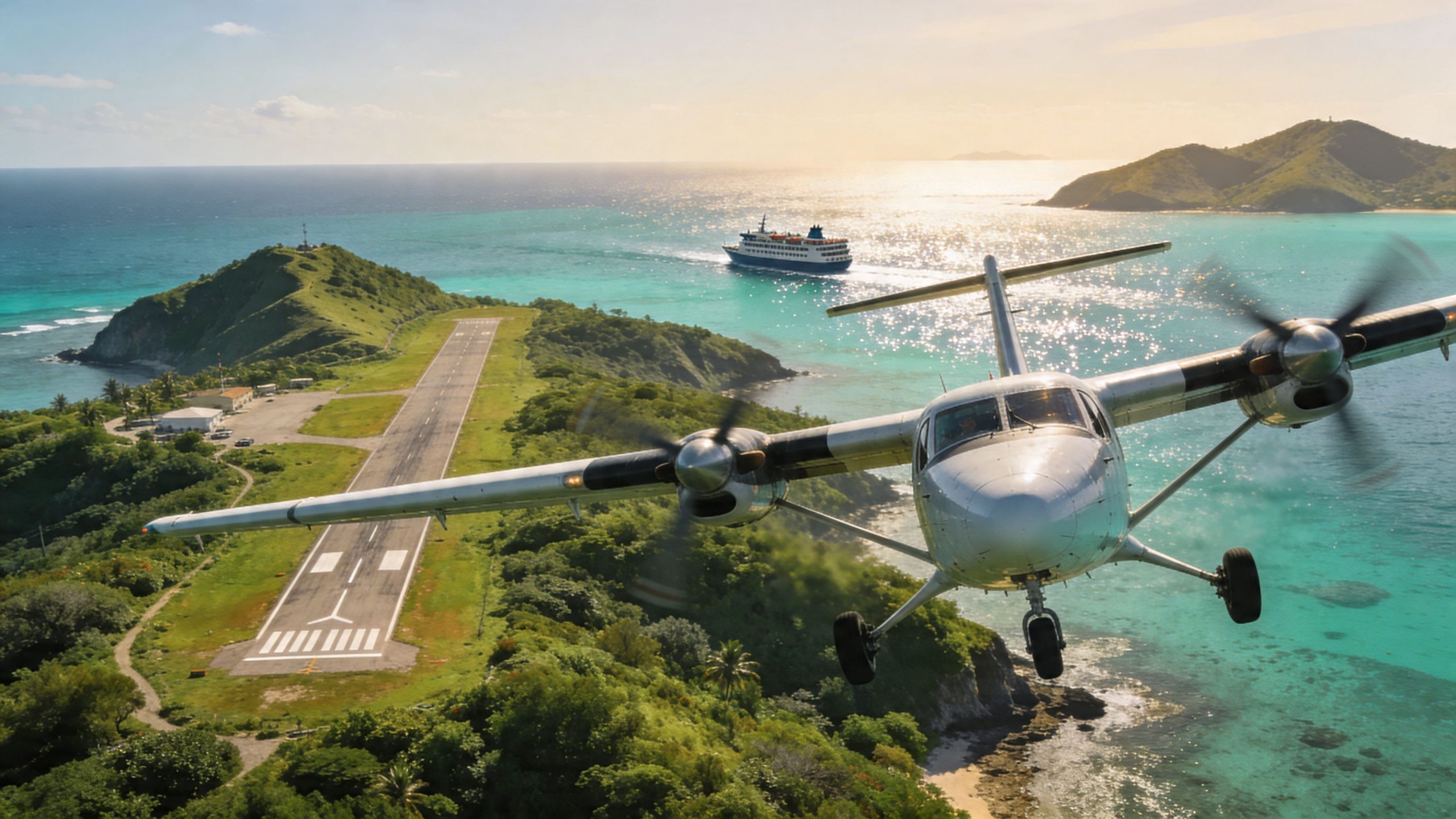 A twin-engine airplane flying over a scenic tropical island runway with a cruise ship in the background.