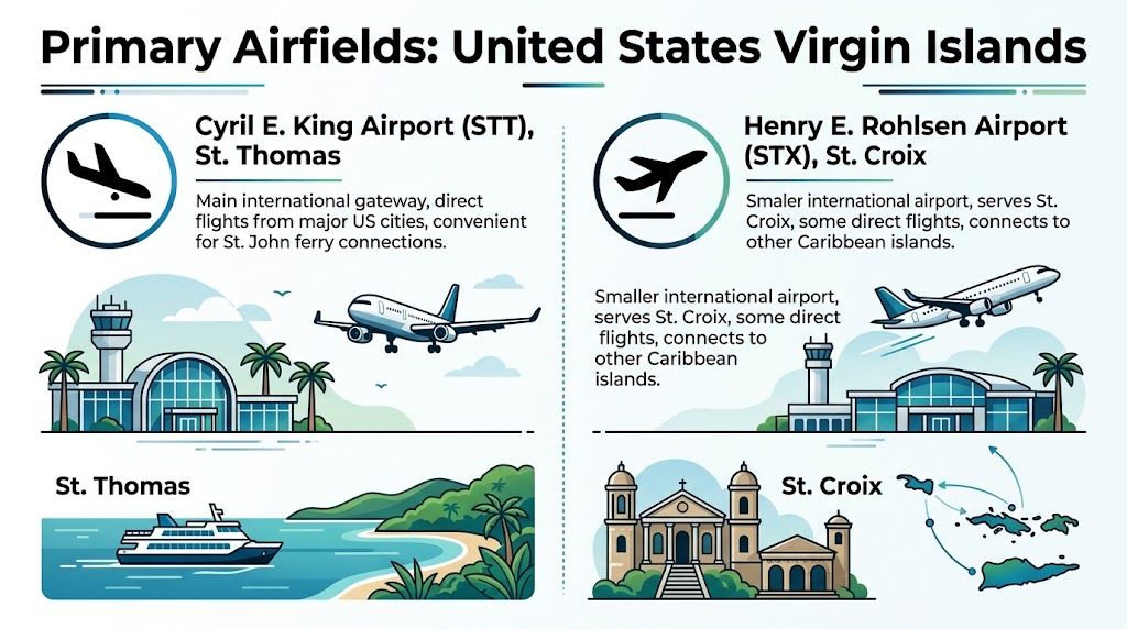 An infographic detailing the two primary airports in the United States Virgin Islands, STT and STX.