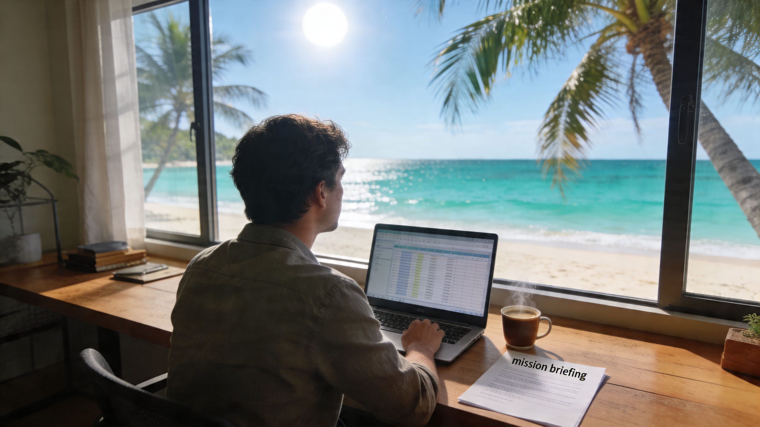 A man working on a laptop at a desk with a view of a tropical beach and palm trees.