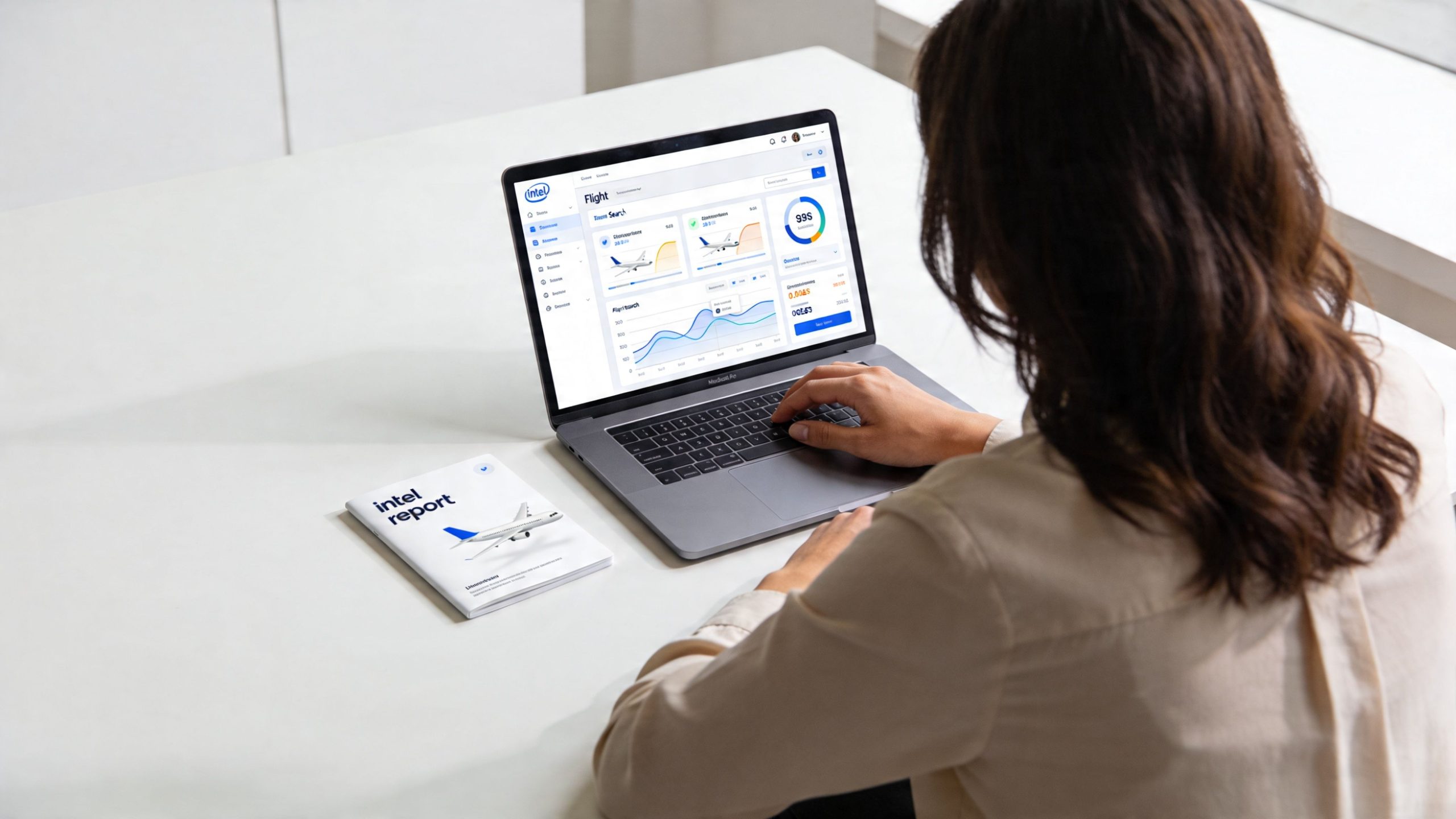 A woman working on a laptop at a white desk with an intel report booklet next to her.