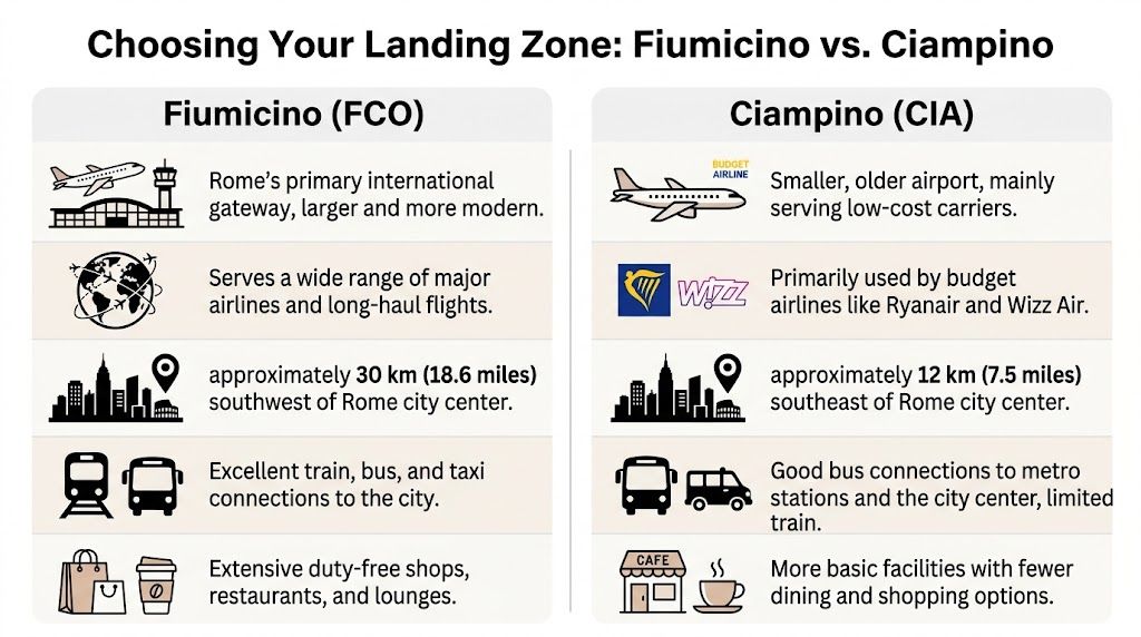 A comparison chart highlighting the differences between Rome Fiumicino and Ciampino airports for travelers.