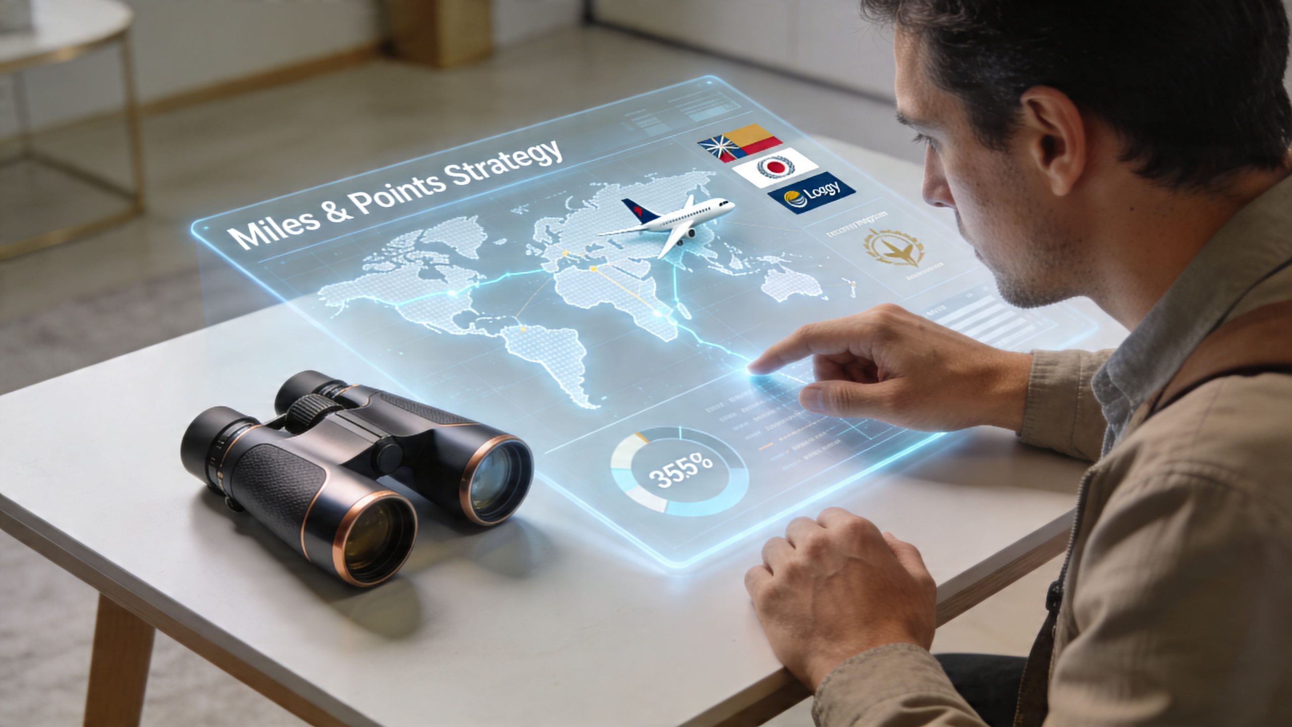 A man interacting with a digital holographic map showing global travel routes and a Miles and Points strategy.