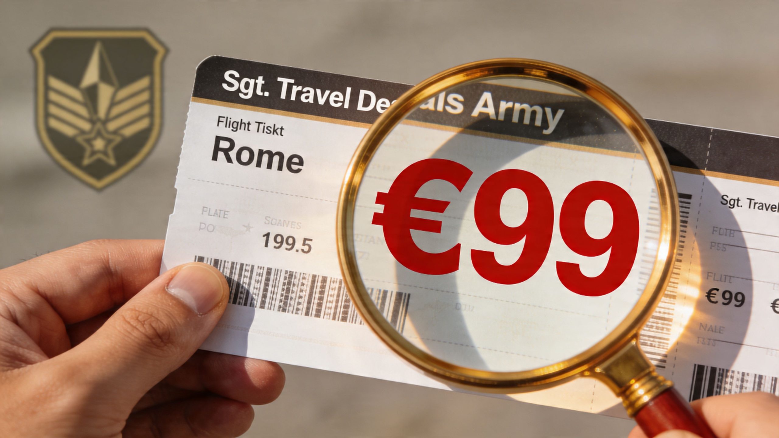 A hand holds a ticket with a magnifying glass focused on the €99 price for a Rome trip.