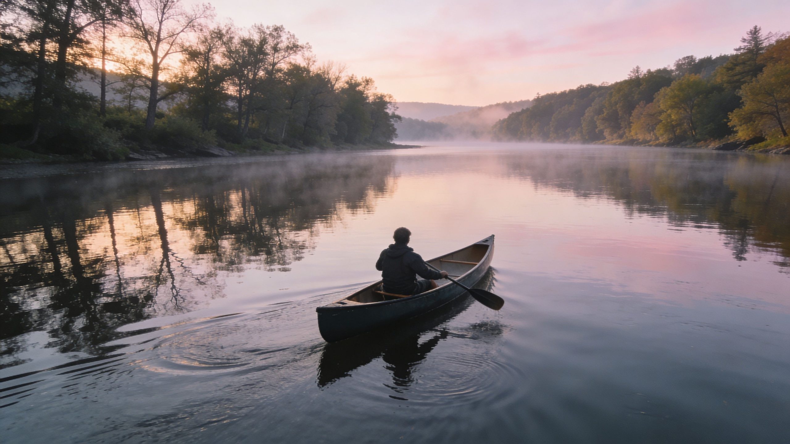 A person paddling a canoe down a calm, misty river during a beautiful soft pink sunrise