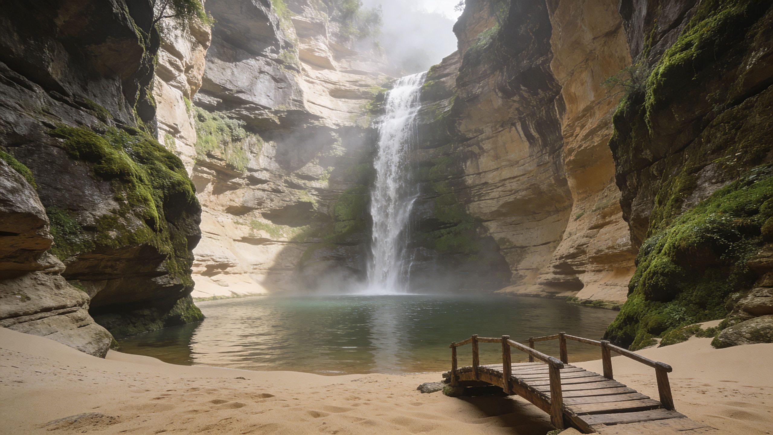 A scenic waterfall cascading into a calm turquoise pool surrounded by mossy sandstone cliffs and sandy banks.