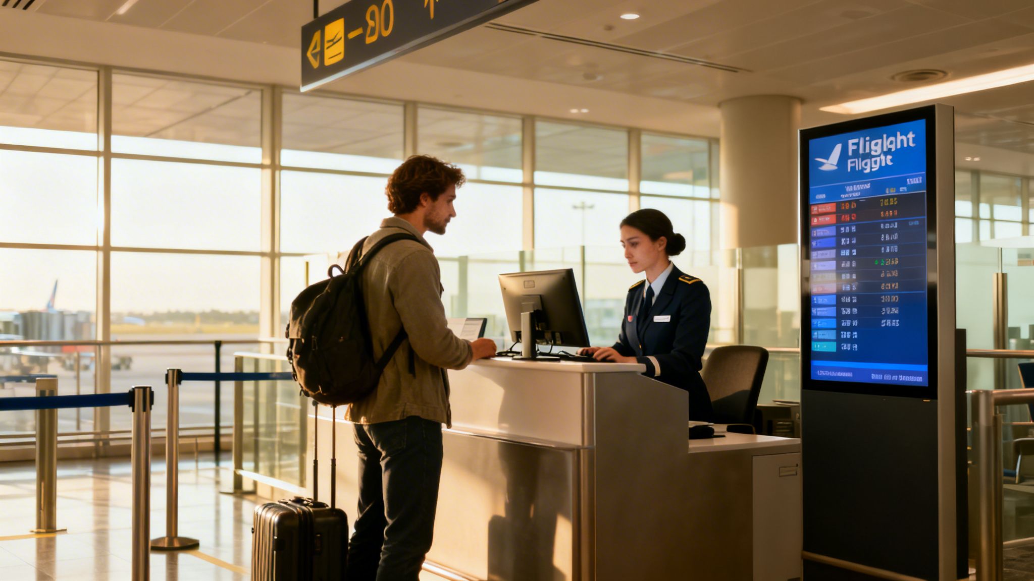 A passenger at an airport check-in counter talking to a uniformed airline staff member.