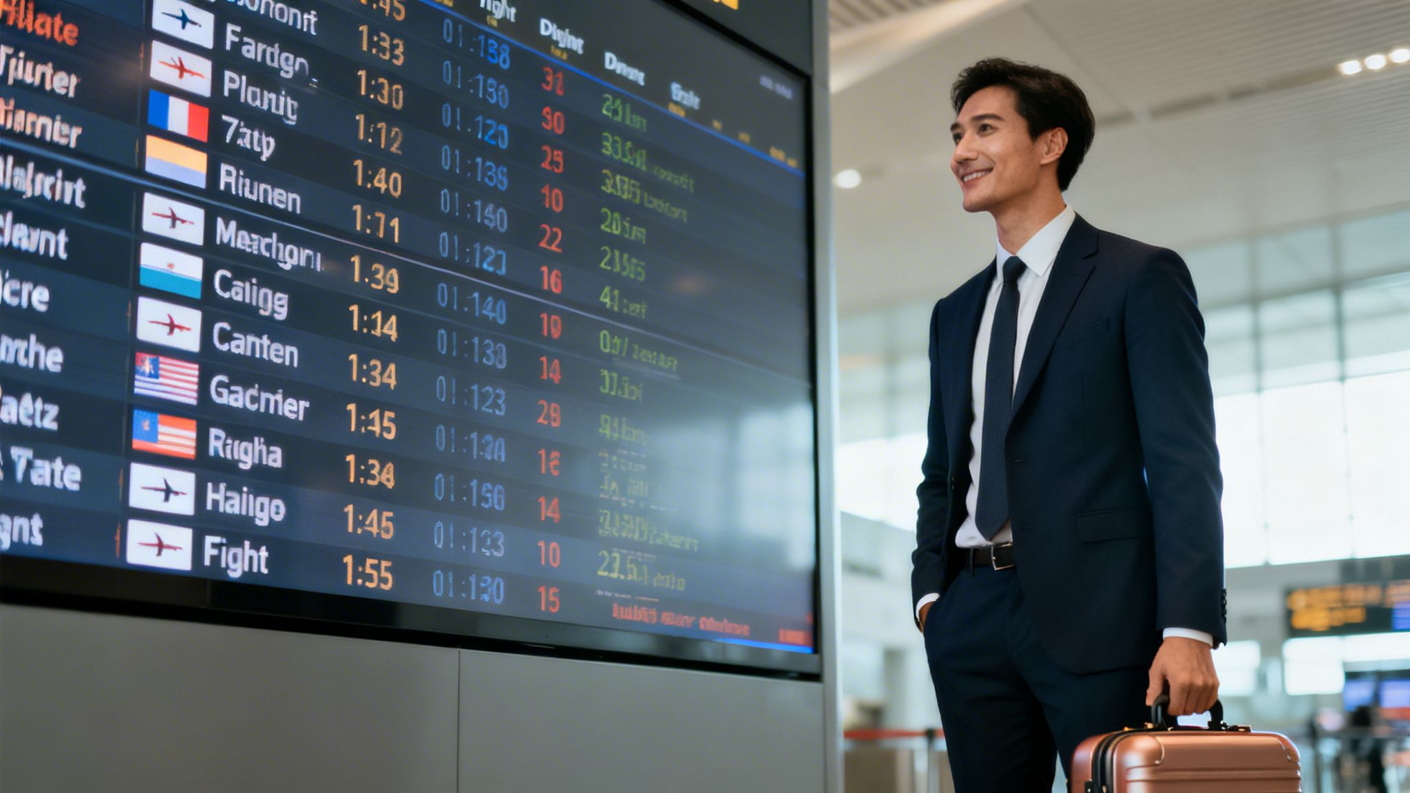 A smiling businessman in a suit standing with luggage in an airport checking the flight schedule board.